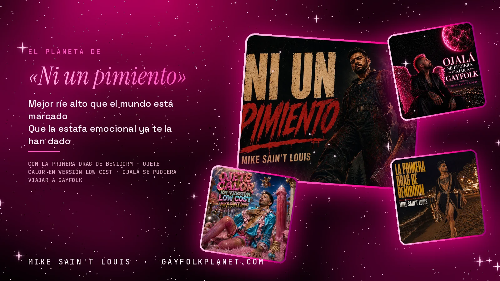 Collage con un detalle de la carátula de «Ni un pimiento» y las carátulas de «La primera drag de Benidorm», «Ojete calor en versión low cost», «Ojalá se pudiera viajar a Gayfolk»
