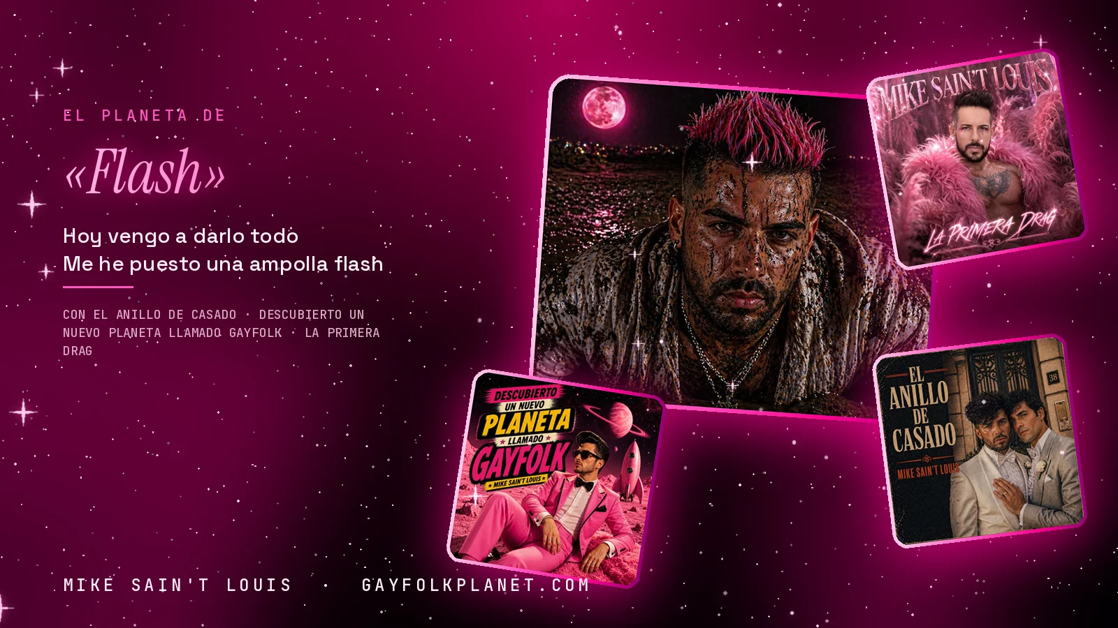 Collage con un detalle de la carátula de «Flash» y las carátulas de «El anillo de casado», «Descubierto un nuevo planeta llamado Gayfolk», «La Primera Drag»