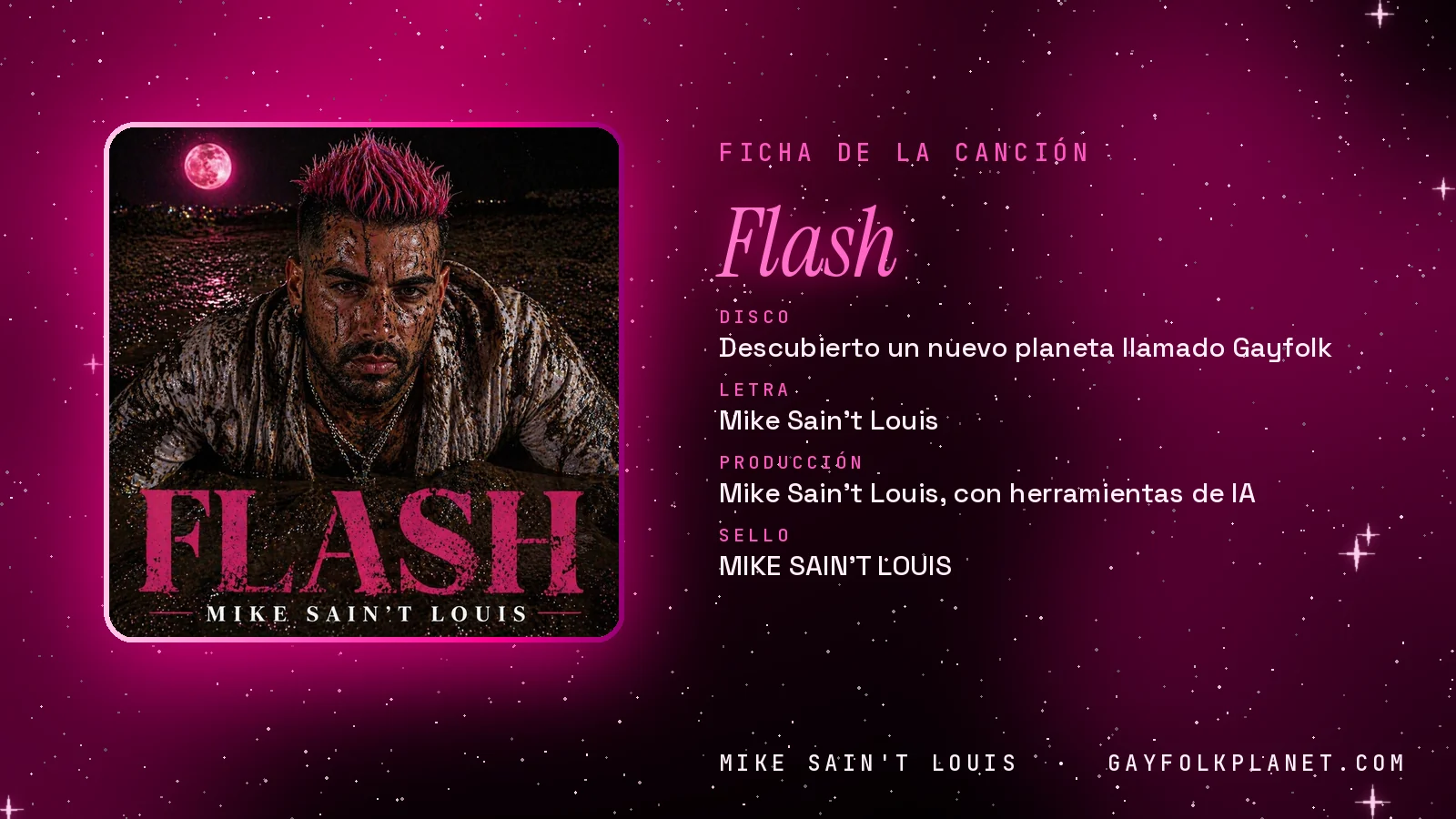 Ficha de la canción «Flash» con su carátula: disco «Descubierto un nuevo planeta llamado Gayfolk», letra y producción de Mike Sain't Louis