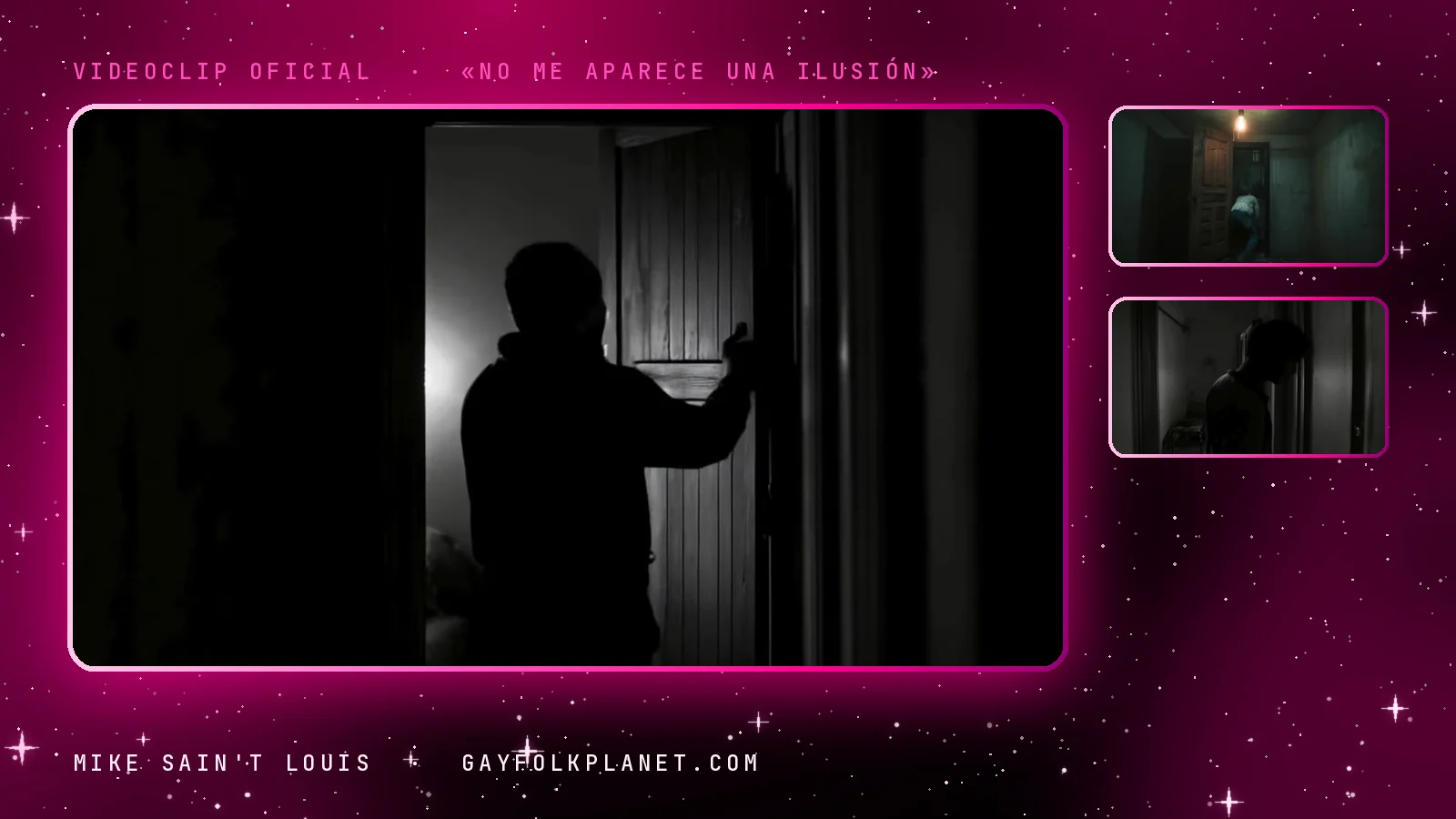 Fotogramas de «No me aparece una ilusión»: una silueta apoyada en el marco de una puerta a oscuras, una figura que cruza un umbral al fondo de un cuarto y un perfil en sombra contra una pared