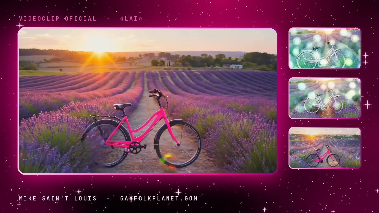 Fotograma del videoclip de «Lai»: una bicicleta rosa aparcada en un sendero entre hileras de lavanda al atardecer, con el sol escondiéndose tras los árboles, junto a tres miniaturas de una bicicleta blanca con cesta entre luces de colores y de la misma bicicleta rosa