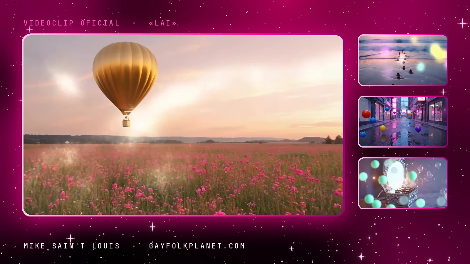 Fotograma del videoclip de «Lai»: un globo aerostático dorado flota sobre un campo de flores rosas a la luz del atardecer, junto a tres miniaturas de una orilla rosada con pequeños patos, una calle mojada con esferas de colores y un cofre que se abre lleno de luz