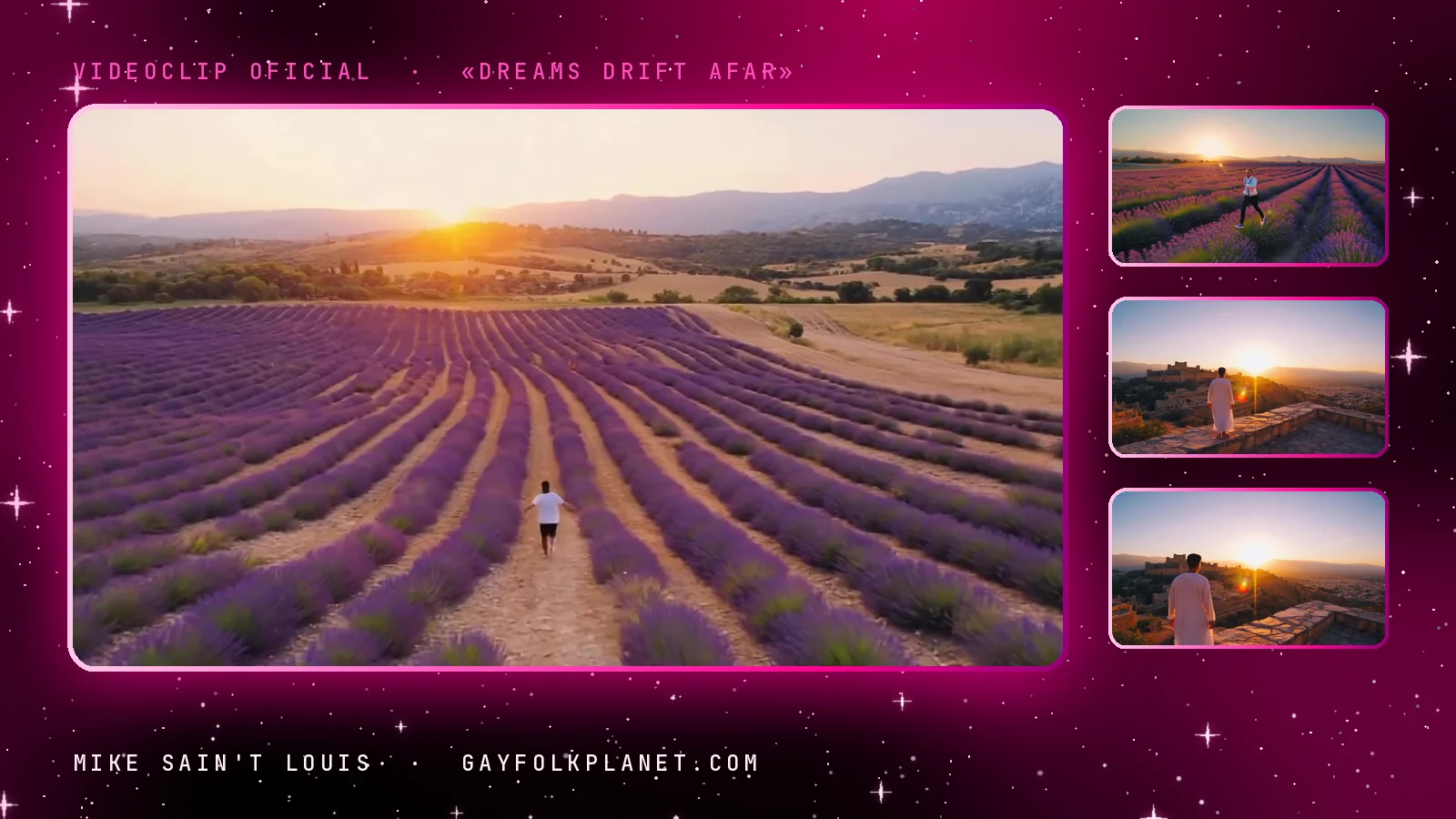 Fotograma del videoclip de «Dreams Drift Afar»: un campo inmenso de hileras de lavanda que se pierden hacia el sol poniente, con una figura diminuta caminando por un pasillo de tierra, junto a tres miniaturas con otra vista del campo y una silueta de espaldas ante una muralla al atardecer