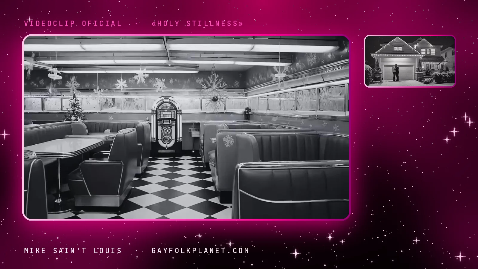 Más fotogramas de «Holy Stillness»: una cafetería vacía con bancos acolchados, suelo de damero y máquina de discos, y una casa iluminada con el garaje cubierto de nieve