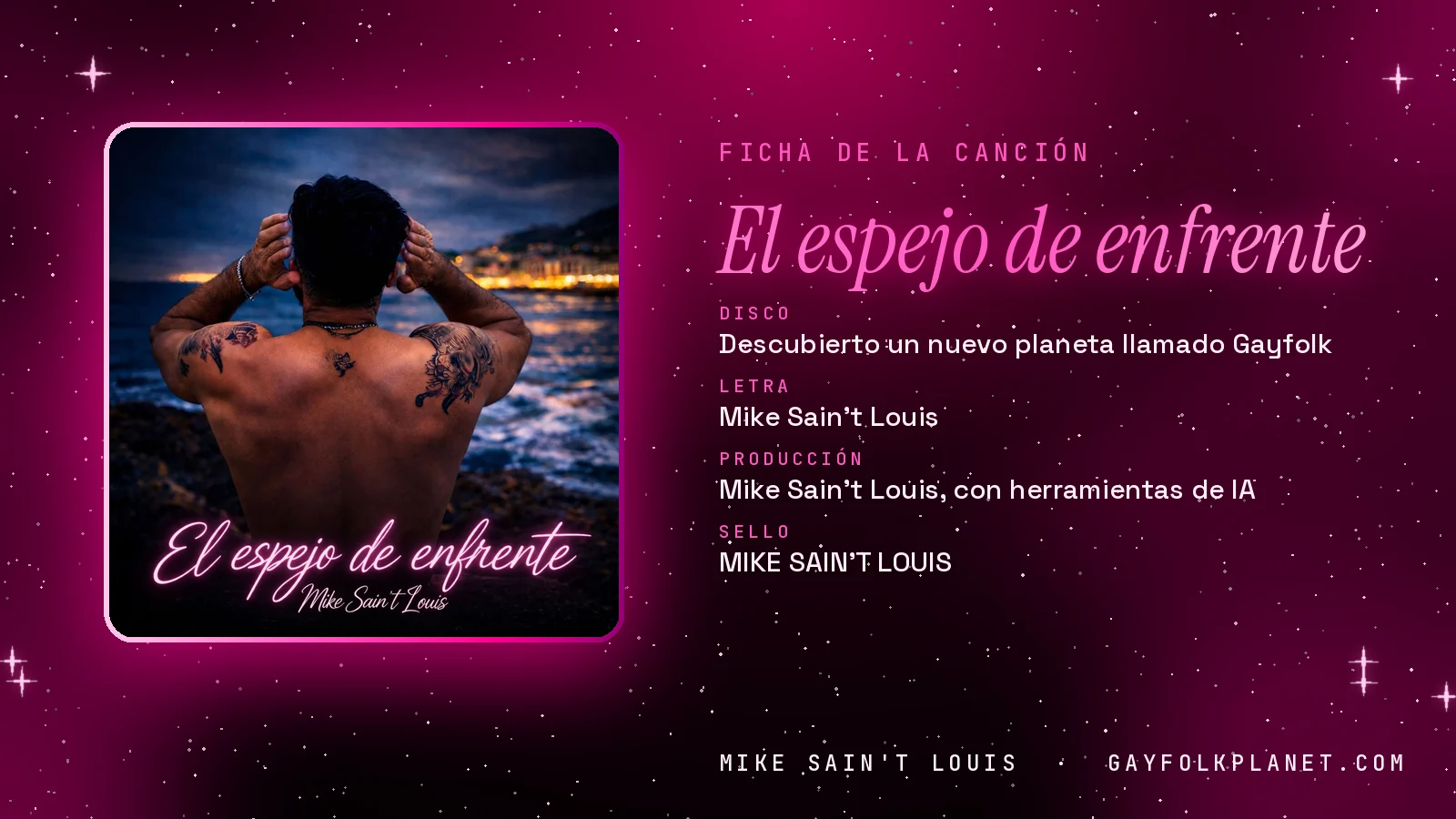 Tarjeta de «El espejo de enfrente» dentro del primer volumen GAYFOLK: letra, composición y producción de Mike Sain't Louis