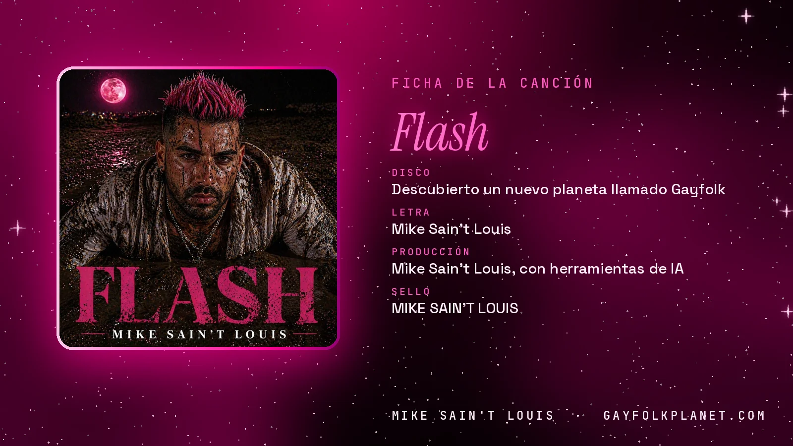 Ficha de «Flash», del disco «Descubierto un nuevo planeta llamado Gayfolk», con su carátula: un hombre de pelo rosa con la cara cubierta de barro bajo una luna roja