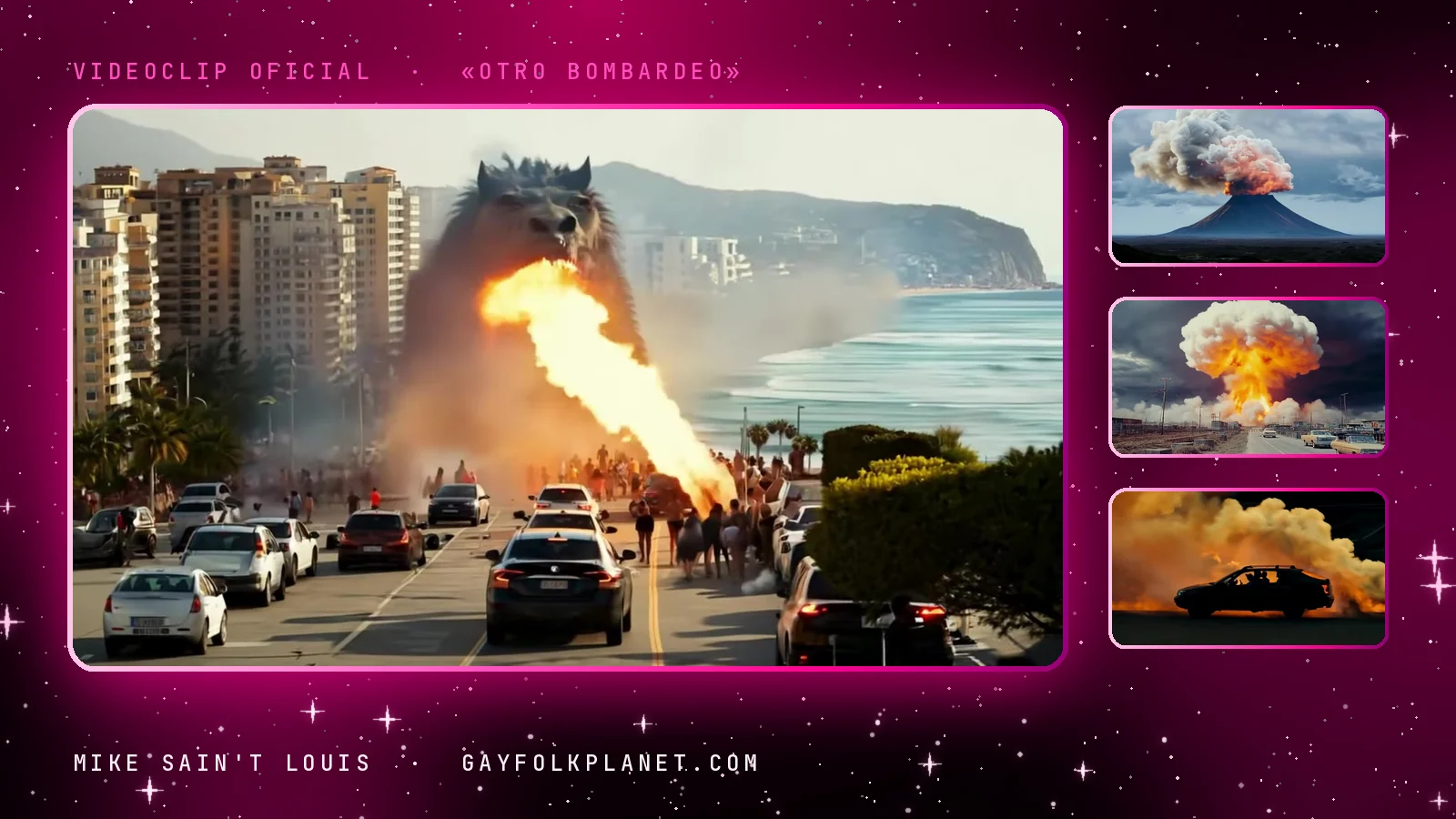 Fotograma del videoclip de «Otro bombardeo»: una criatura gigantesca escupe una llamarada naranja al fondo de una avenida costera llena de coches parados, junto a tres miniaturas de un volcán que revienta, una nube de fuego sobre una carretera y un coche detenido ante un muro de llamas