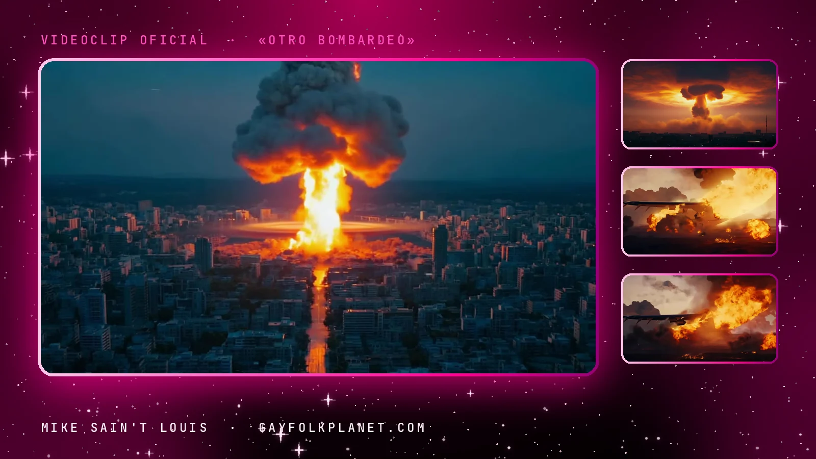 Fotograma del videoclip de «Otro bombardeo»: una nube de fuego en forma de hongo se levanta sobre una ciudad inmensa al anochecer, junto a tres miniaturas de otra explosión sobre el horizonte y de un avión entre llamas y humo