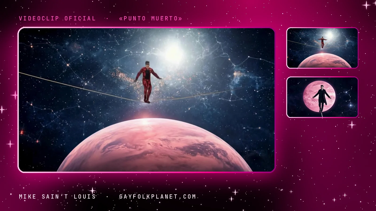 Fotogramas de «Punto muerto»: una figura pequeña camina por una cuerda tendida sobre la curva de un planeta rosa, bajo constelaciones y una estrella resplandeciente