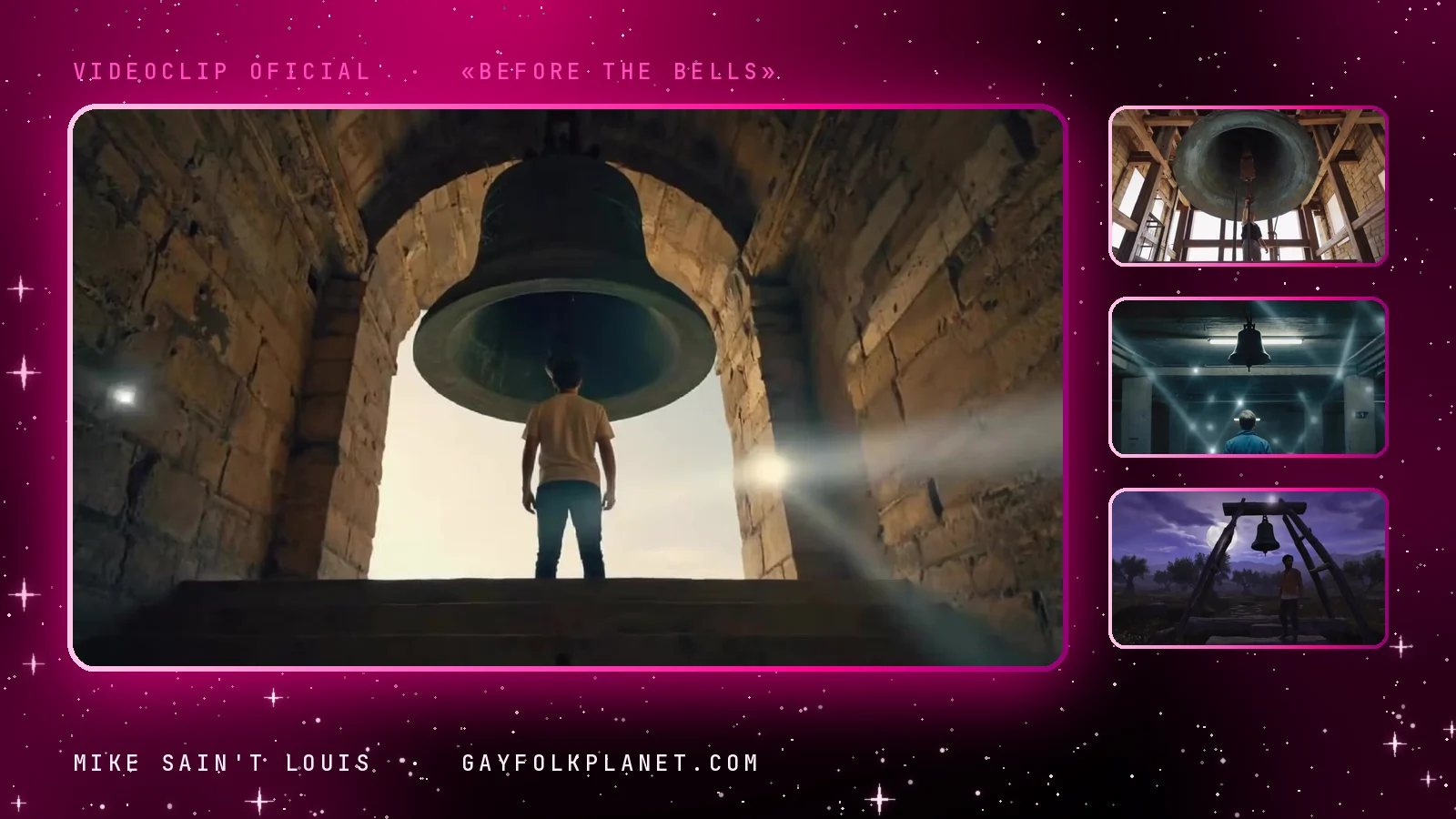 Fotograma del videoclip de «Before the Bells»: una campana enorme de bronce colgada bajo un arco de piedra y un hombre de espaldas que la mira desde abajo, junto a tres miniaturas del interior de un campanario de madera, un sótano de hormigón con una campana y un armazón con campana bajo un cielo violeta