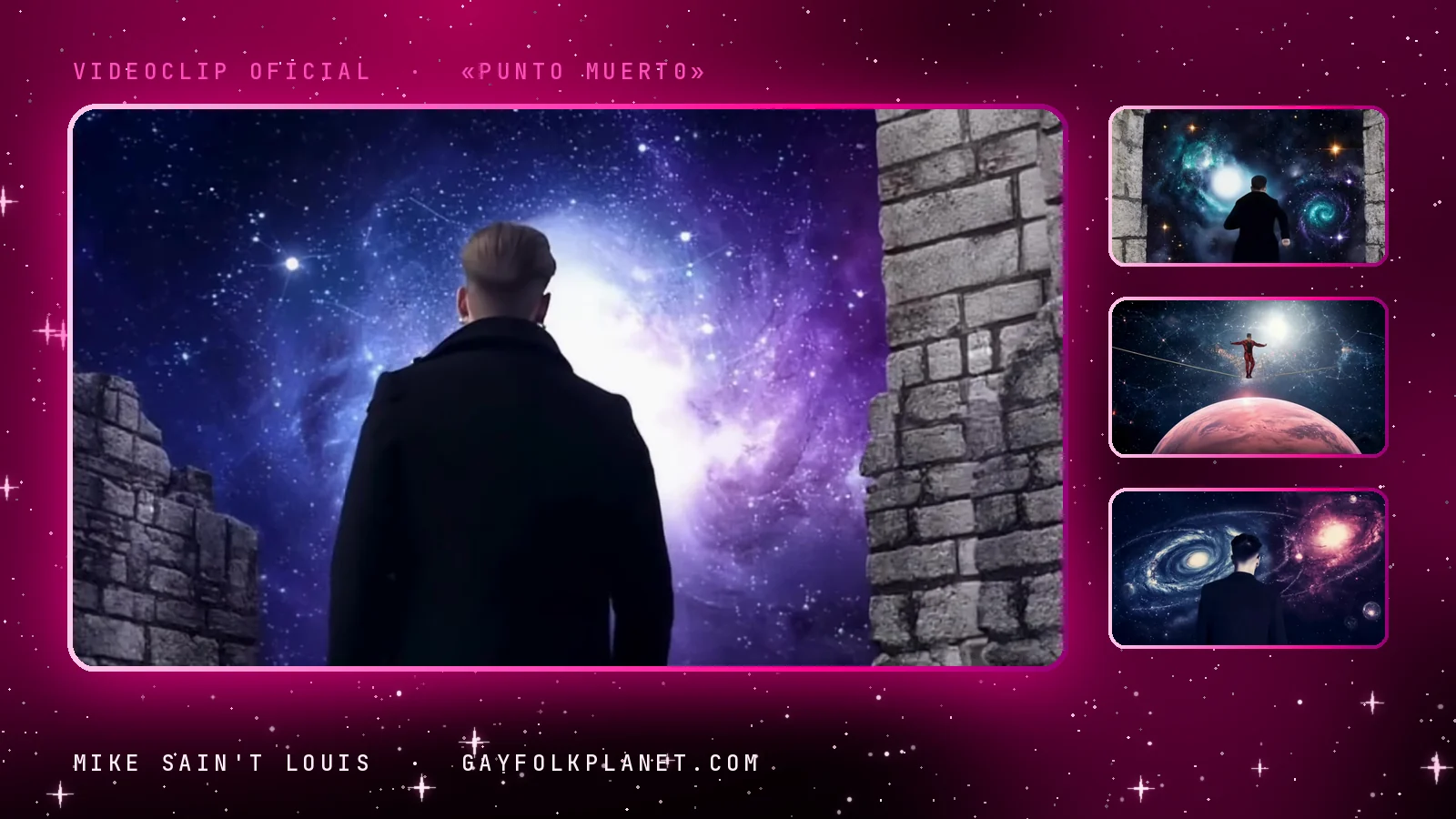 Fotograma del videoclip de «Punto muerto»: una figura de abrigo oscuro, de espaldas, entre dos muros de piedra antigua frente a una galaxia violeta que estalla en luz, junto a tres miniaturas con otra figura ante galaxias, alguien que cruza el vacío sobre una esfera rosa y una silueta ante dos espirales