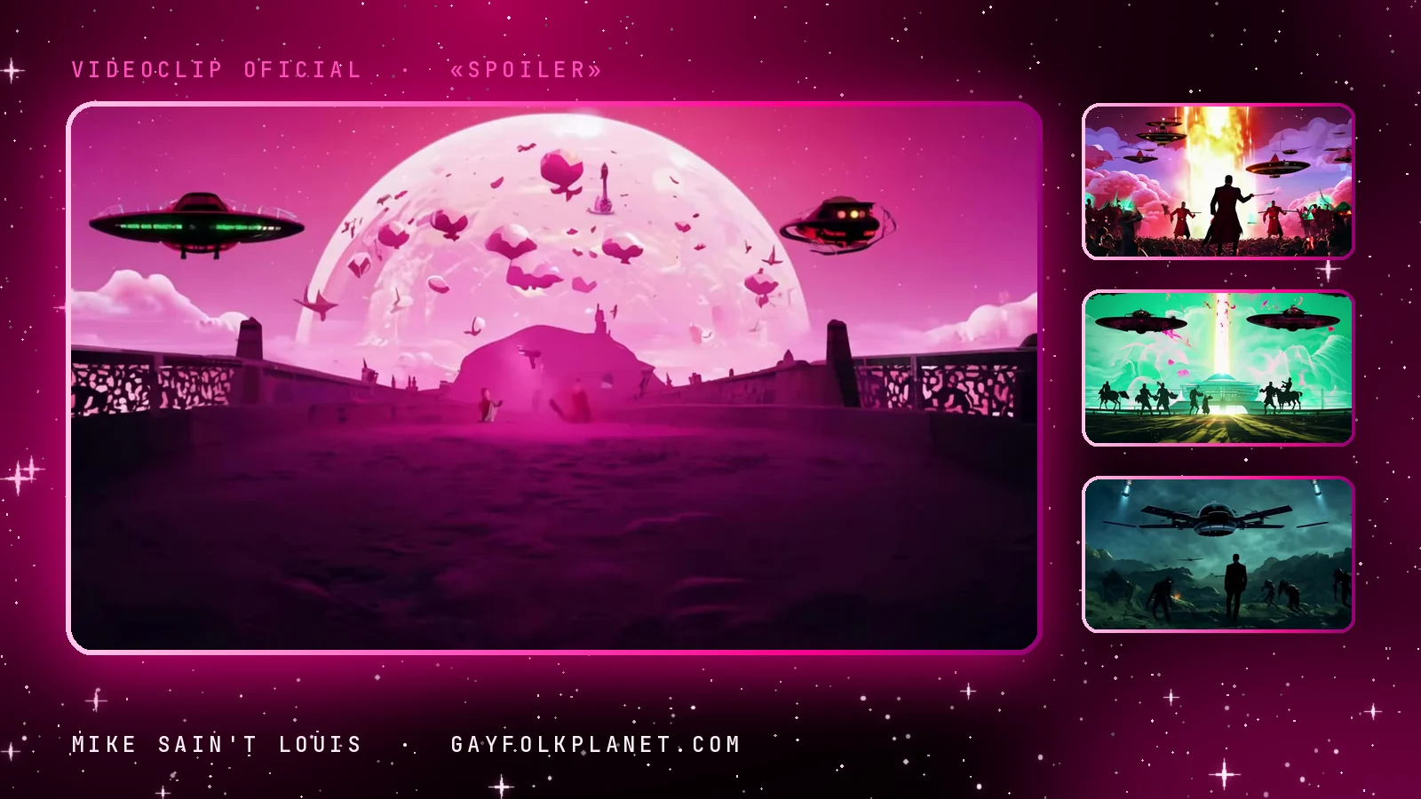 Fotograma del videoclip de «Spoiler»: un astro rosa gigantesco sobre un estadio de gradas iluminadas, rodeado de formas oscuras que flotan y platillos volantes con luces verdes, junto a tres miniaturas con siluetas bajo naves y rayos de luz