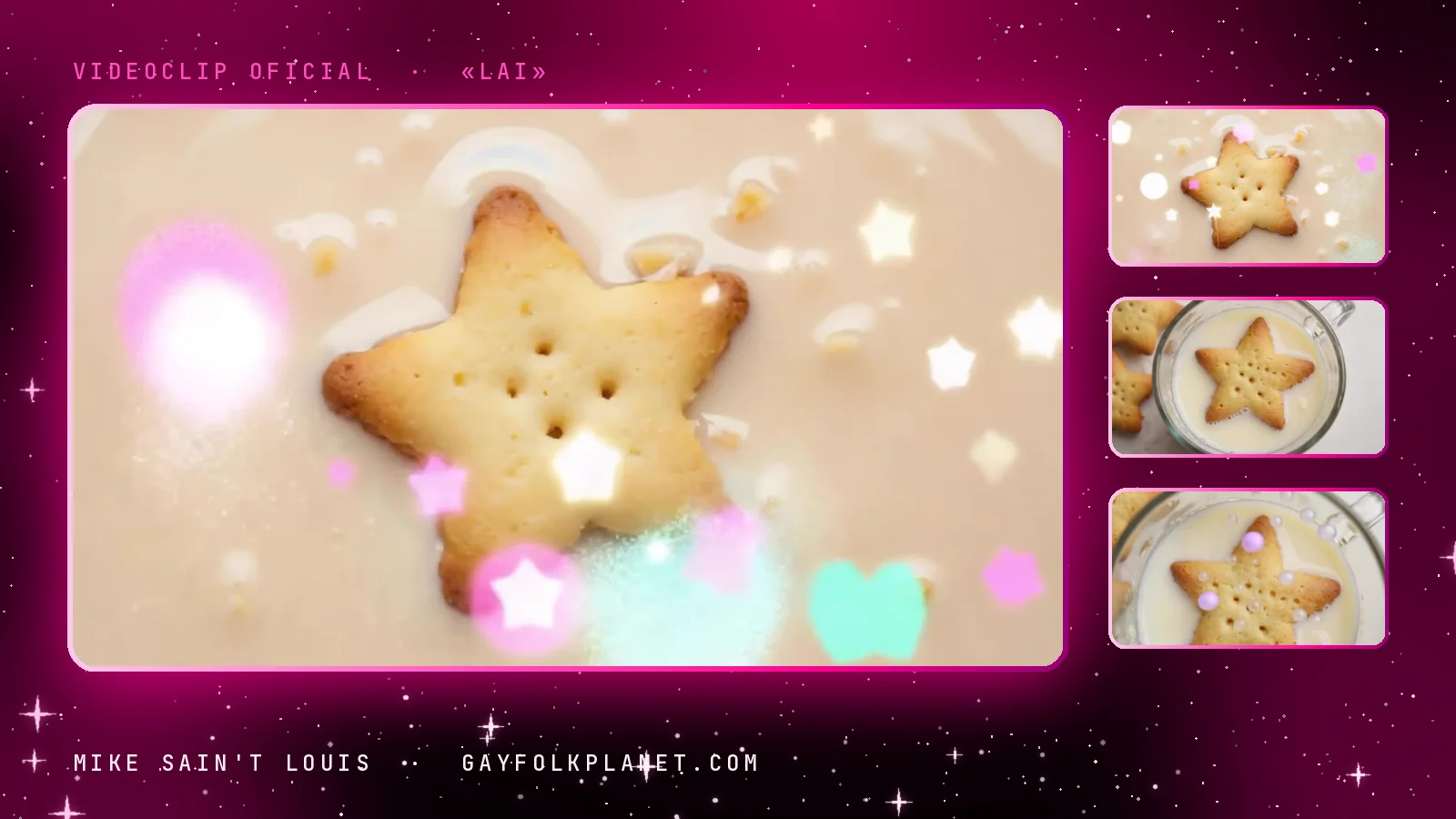 Fotograma del videoclip de «Lai»: una galleta dorada de mantequilla con forma de estrella flotando sobre un fondo color crema entre destellos blancos y rosas, junto a tres miniaturas de la misma galleta dentro de un vaso de leche con burbujas violetas