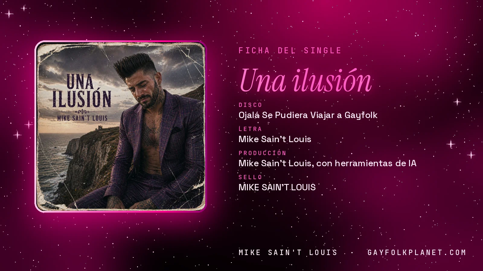 Ficha de la canción «Una ilusión» con su carátula: disco «Ojalá Se Pudiera Viajar a Gayfolk», letra y producción de Mike Sain't Louis