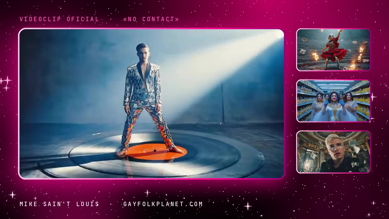 Fotogramas del videoclip de «No Contact»: un hombre con traje de espejos sobre un vinilo gigante bajo un foco, una mujer de volantes rojos entre papeles en llamas, reinas con corona en un pasillo de supermercado y un chico de pelo platino entre espejos que estallan