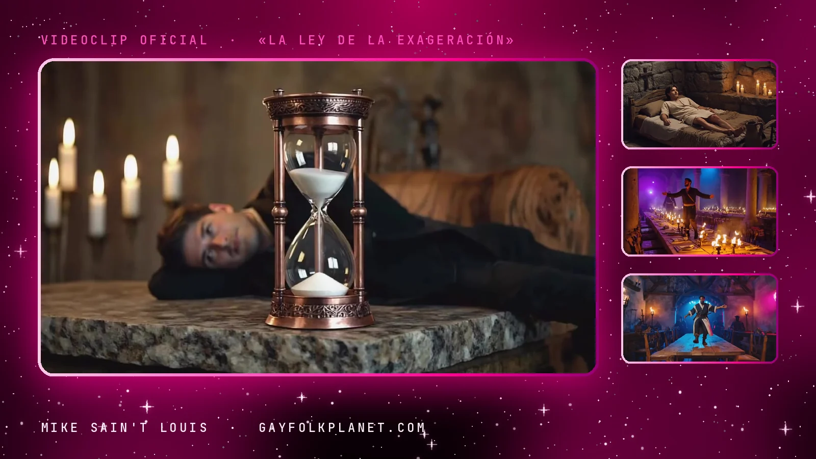 Fotogramas del videoclip de «La ley de la exageración»: un reloj de arena sobre una losa de piedra delante de un hombre tumbado, con velas blancas al fondo, junto a una celda con velas, una mesa de banquete encendida y un chico bailando sobre la mesa