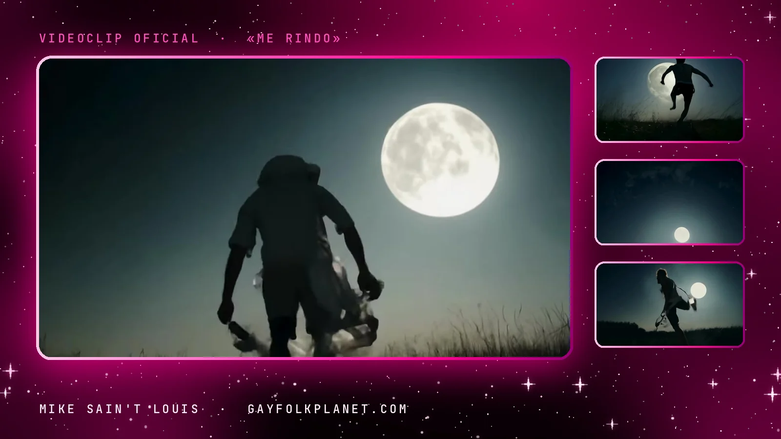 Fotograma del videoclip de «Me rindo»: una silueta oscura de espaldas que camina por la hierba hacia una luna llena blanca, junto a tres miniaturas con una figura que salta delante del disco lunar, una luna pequeña en un cielo azul oscuro y otra silueta que corre de noche