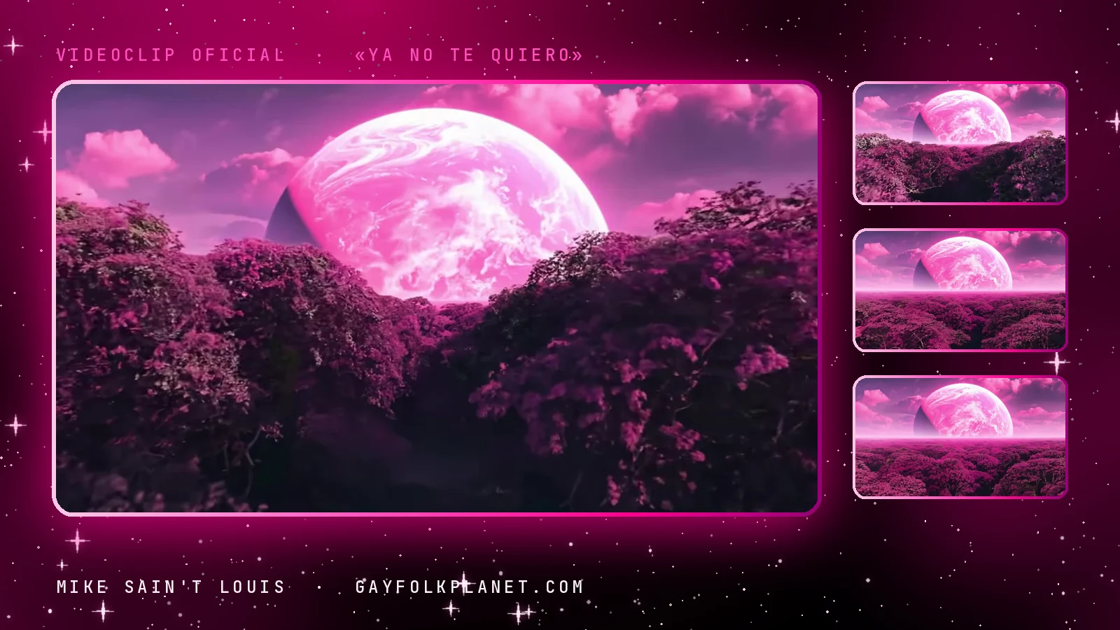 Fotograma del videoclip de «Ya no te quiero»: un astro rosa gigantesco que asoma sobre un bosque de copas fucsias bajo nubes rosadas, junto a tres miniaturas del mismo astro sobre el horizonte y el bosque