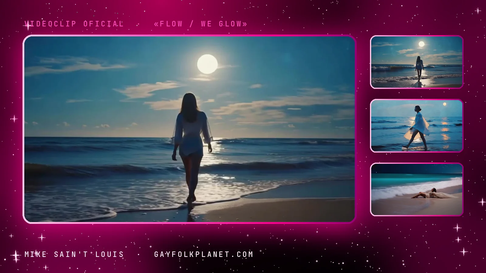Fotograma del videoclip de «Flow / We Glow»: una silueta con camisa blanca camina de espaldas por la orilla hacia una luna llena que brilla sobre el mar, con tres miniaturas de la misma playa