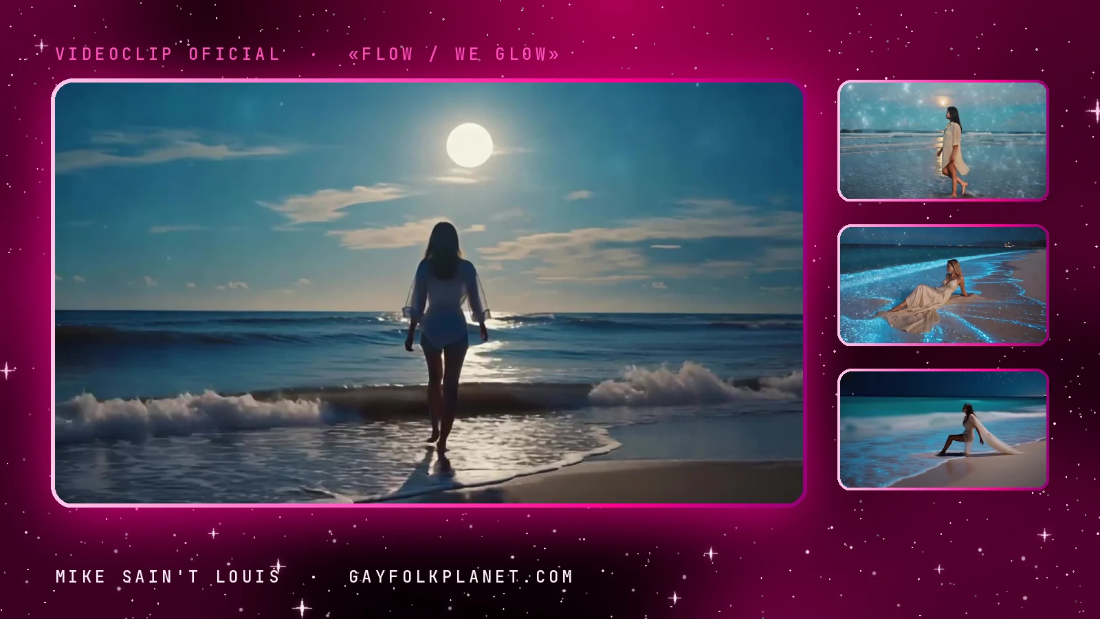 Otro fotograma de «Flow / We Glow»: la silueta se detiene de espaldas entre la espuma bajo la luna llena, junto a miniaturas de la orilla que se enciende de azul y de la figura tumbada en la arena