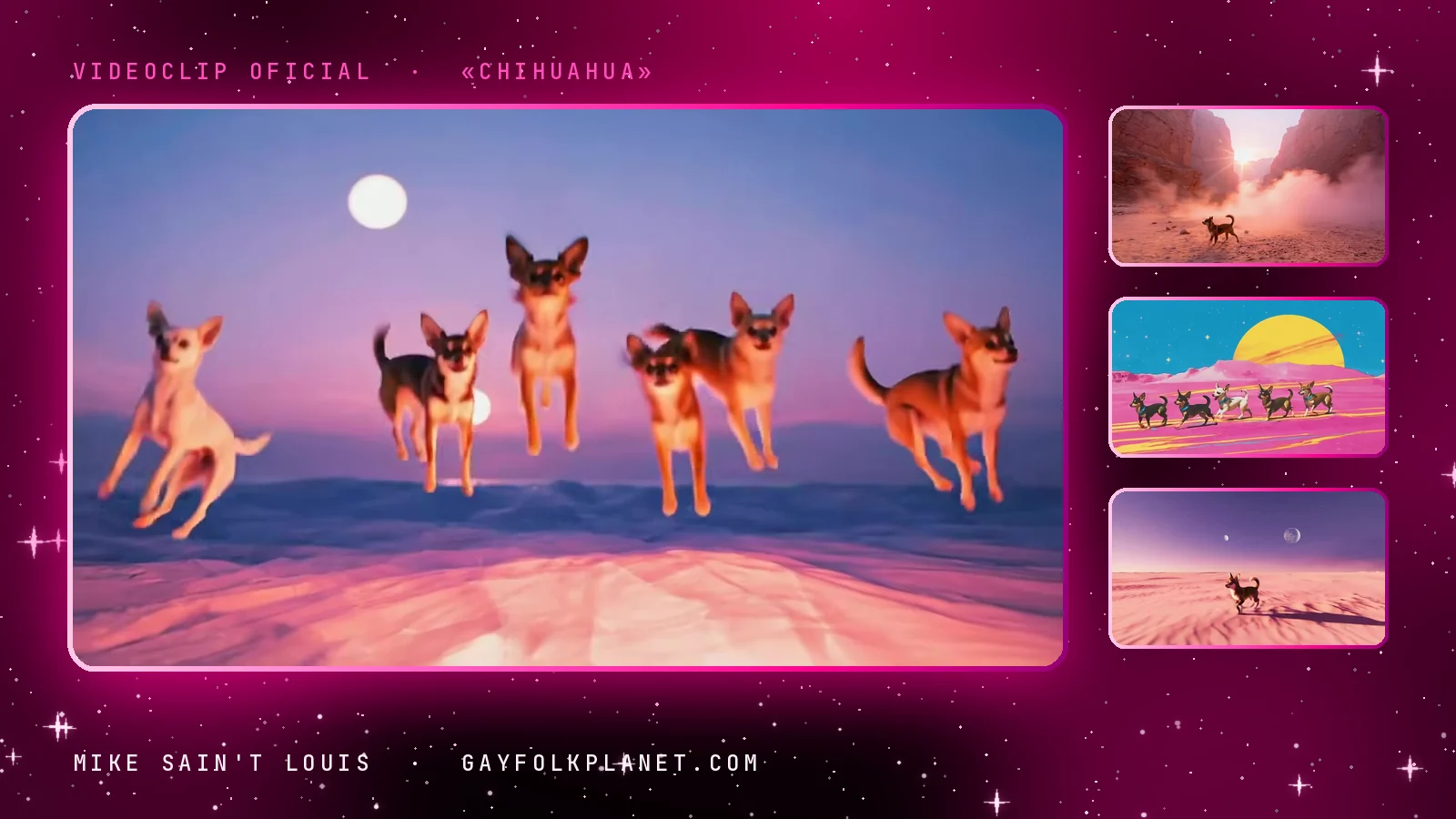 Fotograma del videoclip de «Chihuahua»: seis perros pequeños saltan a la vez sobre una llanura lavanda bajo una luna blanca, junto a tres miniaturas de un perro solo en un cañón rojo, un desfile de chihuahuas ante un sol amarillo y un perro que cruza un desierto rosado bajo dos lunas