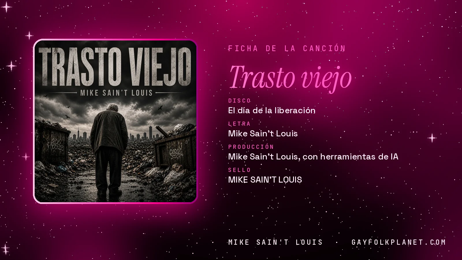 Ficha de «Trasto viejo», del disco «El día de la liberación», con su carátula: un anciano con chaqueta oscura, de espaldas, entre dos contenedores con grafitis y bolsas de basura, frente a una ciudad bajo un cielo de tormenta