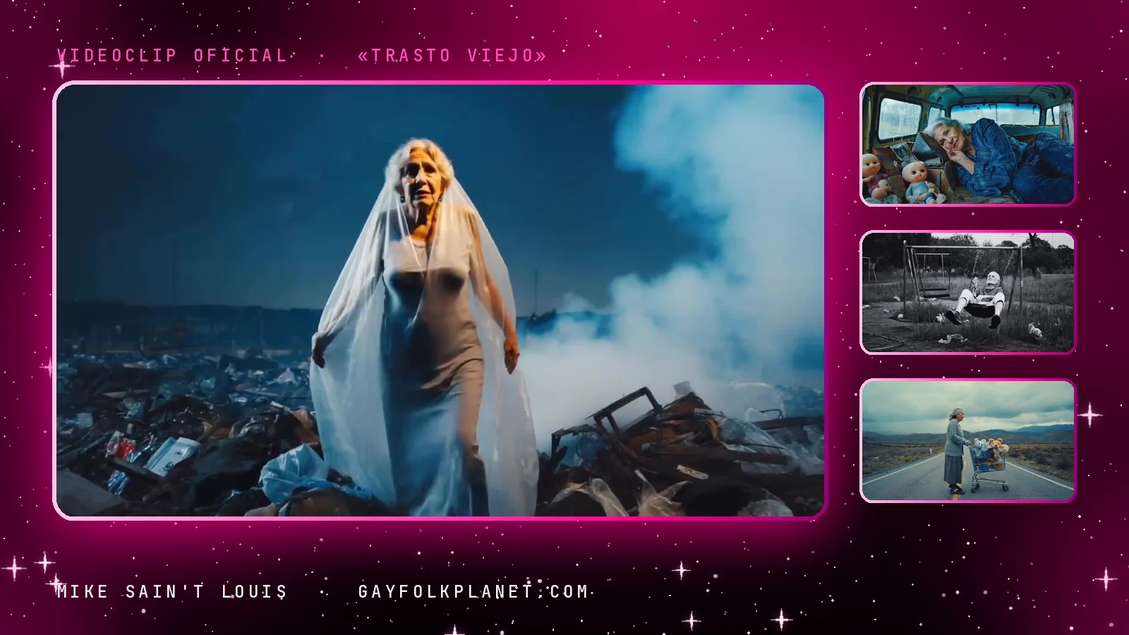 Fotogramas del videoclip de «Trasto viejo»: una mujer mayor cubierta con un velo de plástico transparente camina sobre un vertedero entre humo azul, junto a una anciana tumbada en una furgoneta con muñecos, un anciano en un columpio y una mujer que empuja un carrito de peluches por una carretera