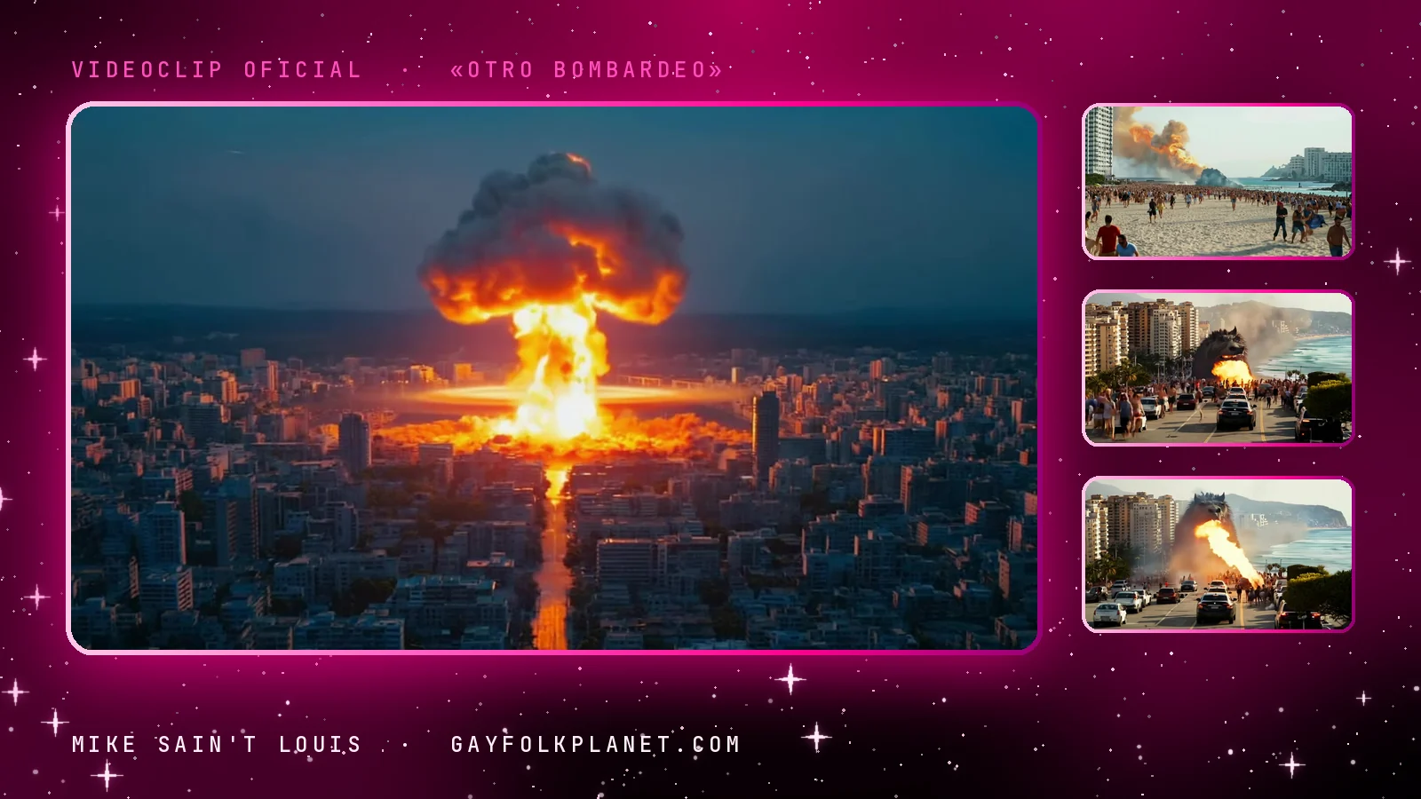 Fotograma del videoclip de «Otro bombardeo»: una nube de fuego y humo en forma de hongo que se eleva sobre una ciudad entera al anochecer, junto a tres miniaturas de una playa abarrotada que se aleja de una columna de humo y de una avenida atascada ante una criatura gigantesca que escupe fuego
