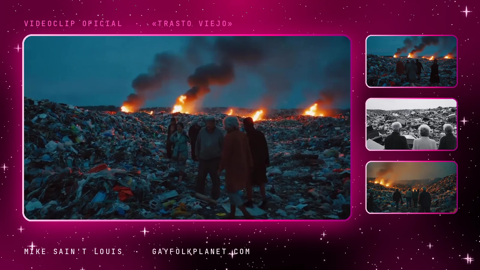 Fotograma del videoclip de «Trasto viejo»: un grupo de personas mayores, de espaldas, camina entre montañas de basura mientras varias hogueras levantan humo negro en el horizonte, junto a tres miniaturas de la misma escena, tres ancianos de espaldas ante un vertedero en blanco y negro y siluetas ante un fuego