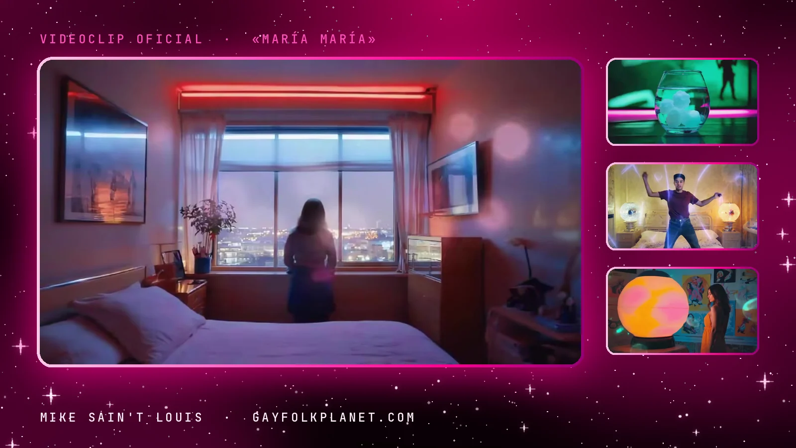 Cuatro fotogramas de «María María»: una chica de espaldas mira la ciudad de noche desde un dormitorio con neón rojo, una pecera con bolas de algodón bajo luz verde, un chico con los brazos abiertos sobre una cama y una lámpara de lava naranja