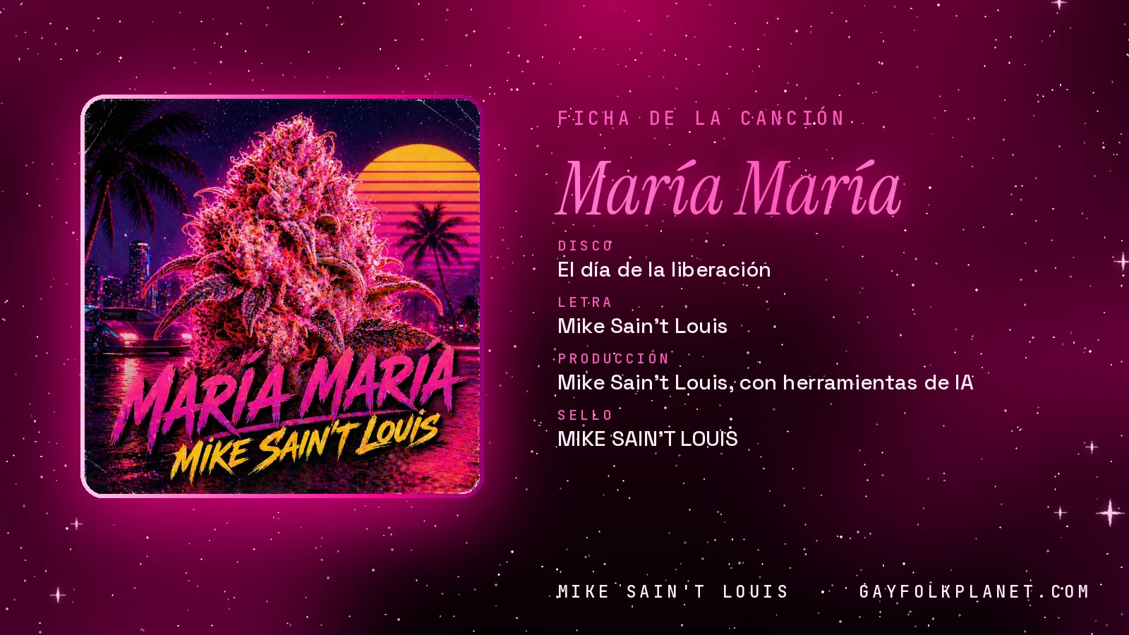 Ficha de «María María» en el disco «El día de la liberación», con su carátula de la planta verde y el sol rosa: letra y producción de Mike Sain't Louis