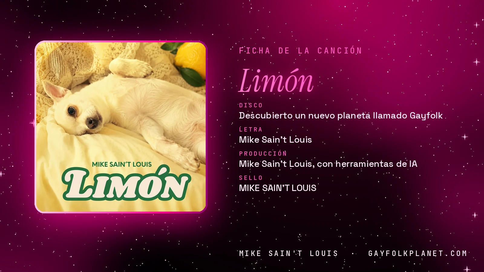 Ficha de «Limón», del disco «Descubierto un nuevo planeta llamado Gayfolk», con su carátula: un chihuahua de color crema tumbado sobre mantas claras junto a un limón, con el título en letras verdes