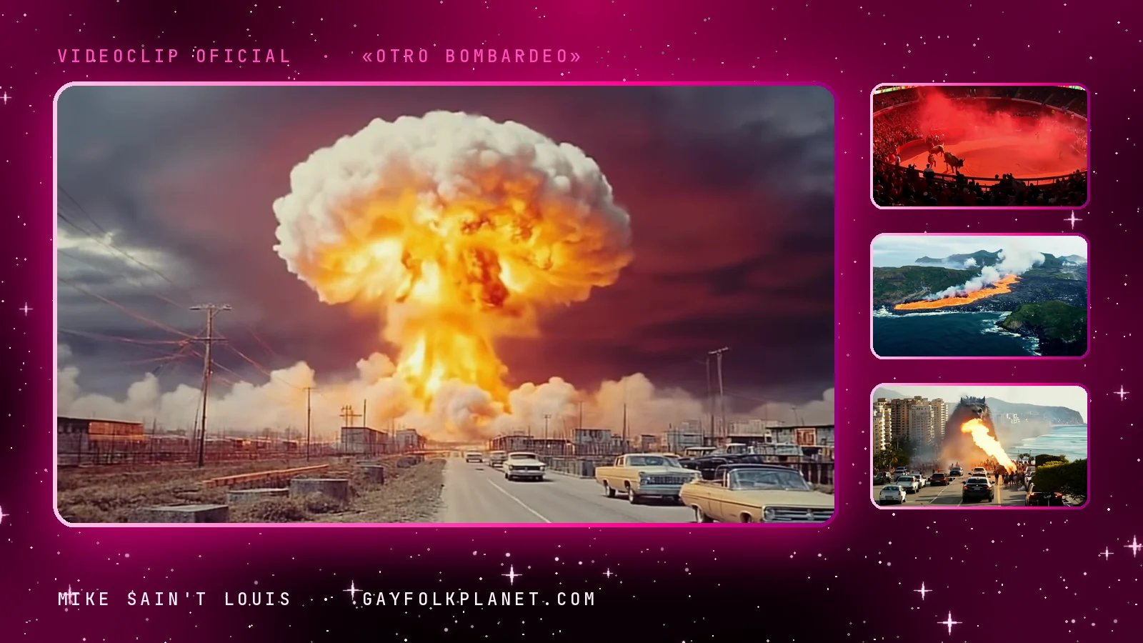 Fotogramas del videoclip de «Otro bombardeo»: una seta de fuego sobre una carretera con coches de los años cincuenta, una plaza de toros cubierta de humo rojo, lava que entra en el mar y una criatura que escupe fuego en un paseo marítimo
