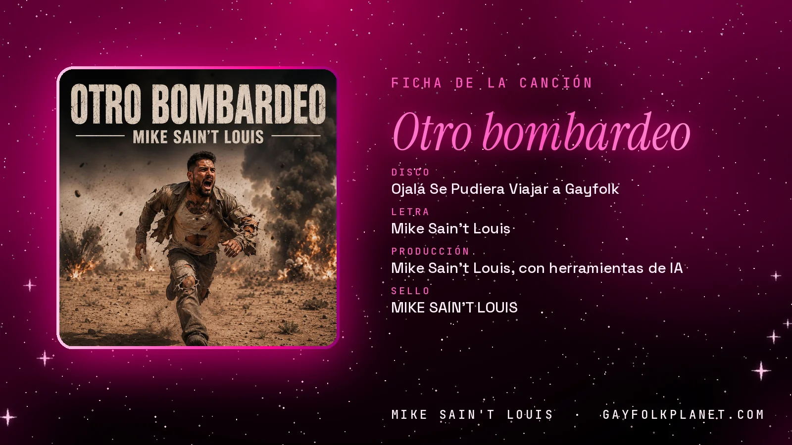 Ficha de «Otro bombardeo», del disco «Ojalá se pudiera viajar a Gayfolk», con su carátula de un hombre que huye de un campo en llamas