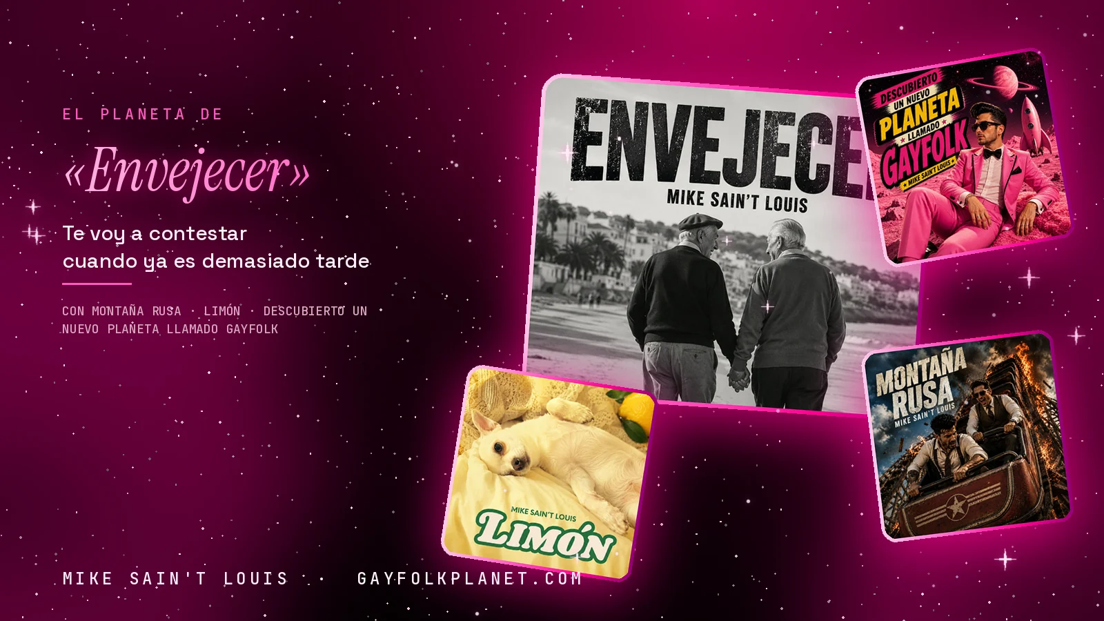 Collage con un detalle de la carátula de «Envejecer» y las carátulas de «Montaña rusa», «Limón», «Descubierto un nuevo planeta llamado Gayfolk»