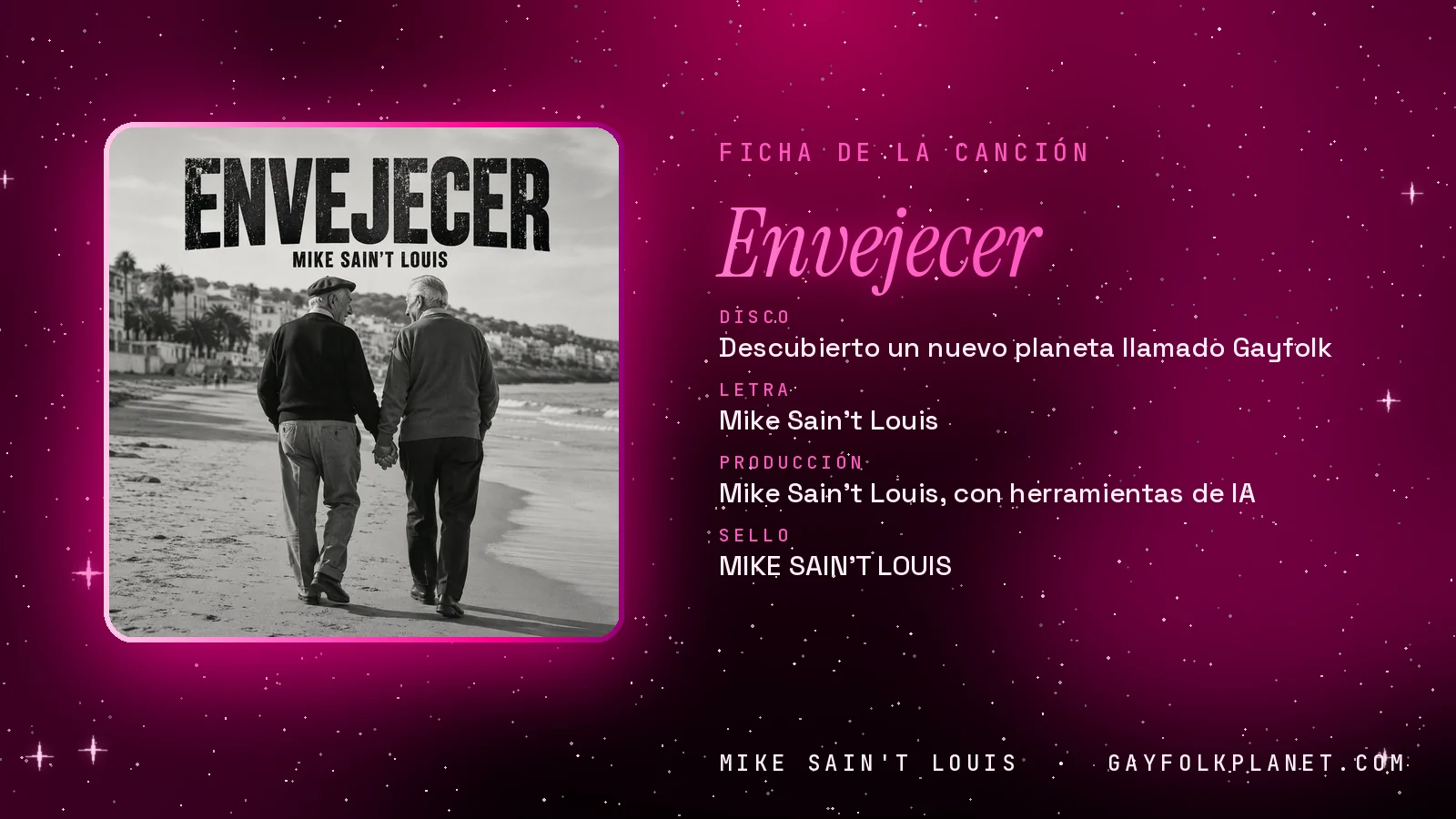 Ficha de la canción «Envejecer» con su carátula: disco «Descubierto un nuevo planeta llamado Gayfolk», letra y producción de Mike Sain't Louis