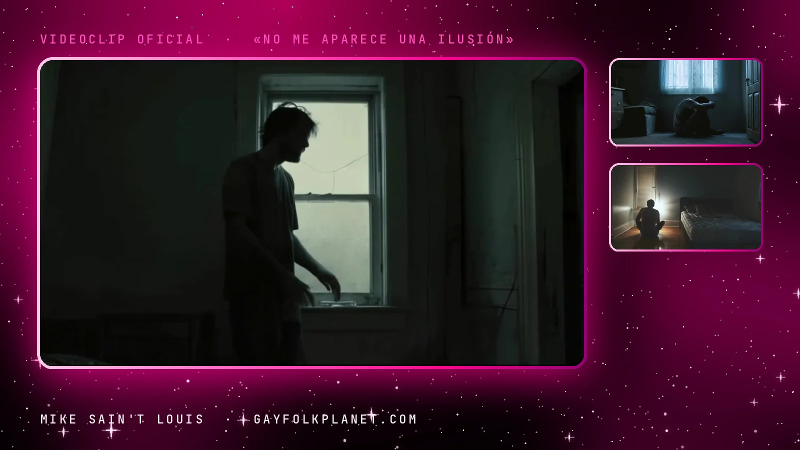 Fotogramas de «No me aparece una ilusión»: una silueta de espaldas junto a una ventana en un dormitorio oscuro, alguien encogido en el suelo bajo una cortina azulada y una figura sentada al pie de la cama
