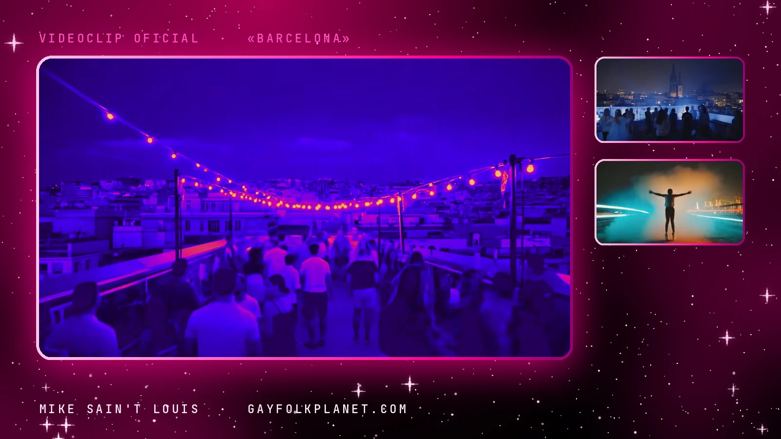 Fotogramas de «Barcelona»: una terraza con guirnaldas de bombillas naranjas llena de gente de espaldas, un grupo en una azotea mirando la ciudad iluminada y una silueta con los brazos abiertos en un paseo con humo