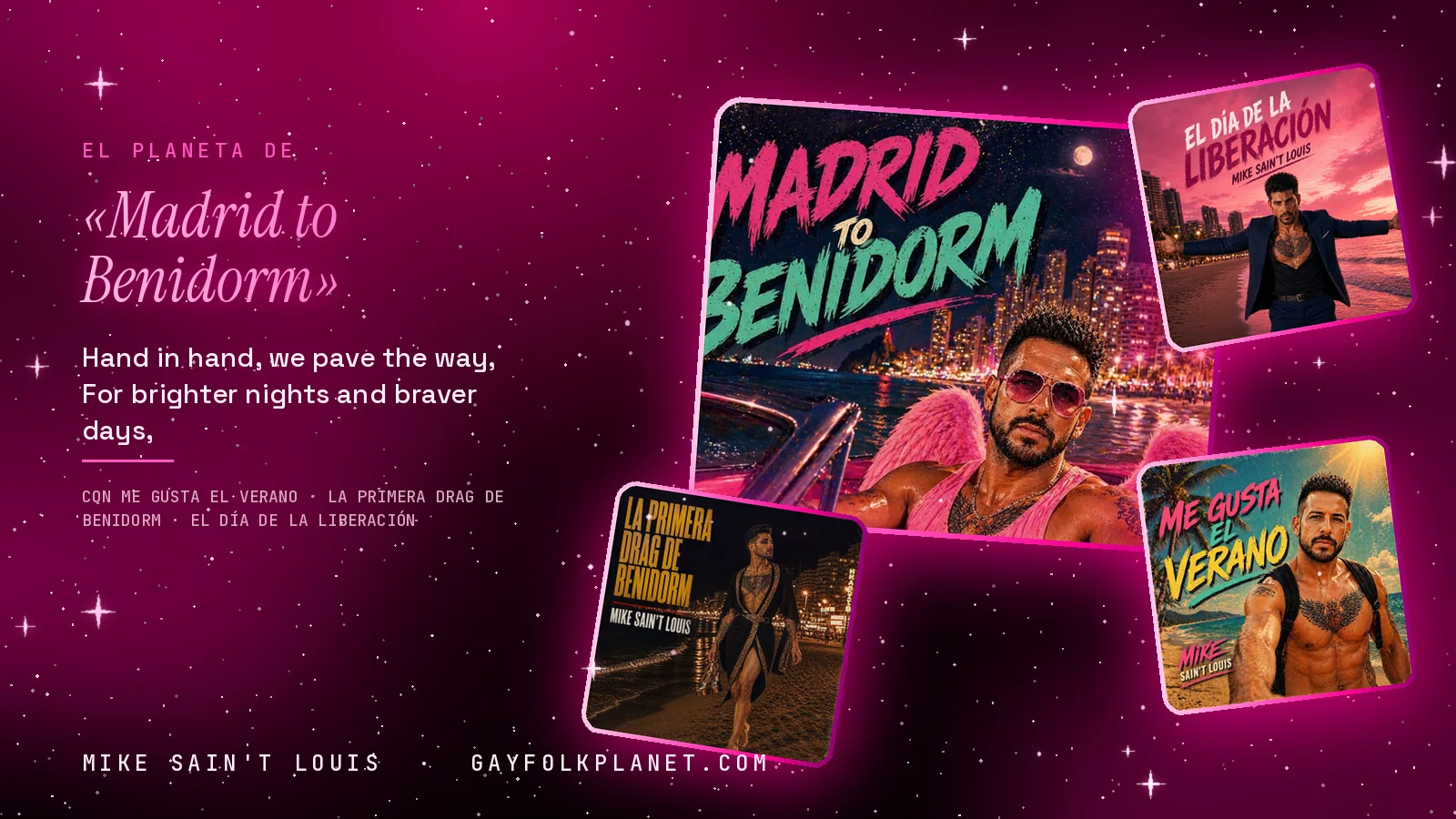 Collage con un detalle de la carátula de «Madrid to Benidorm» y las carátulas de «Me gusta el verano», «La Primera Drag de Benidorm», «El día de la liberación»