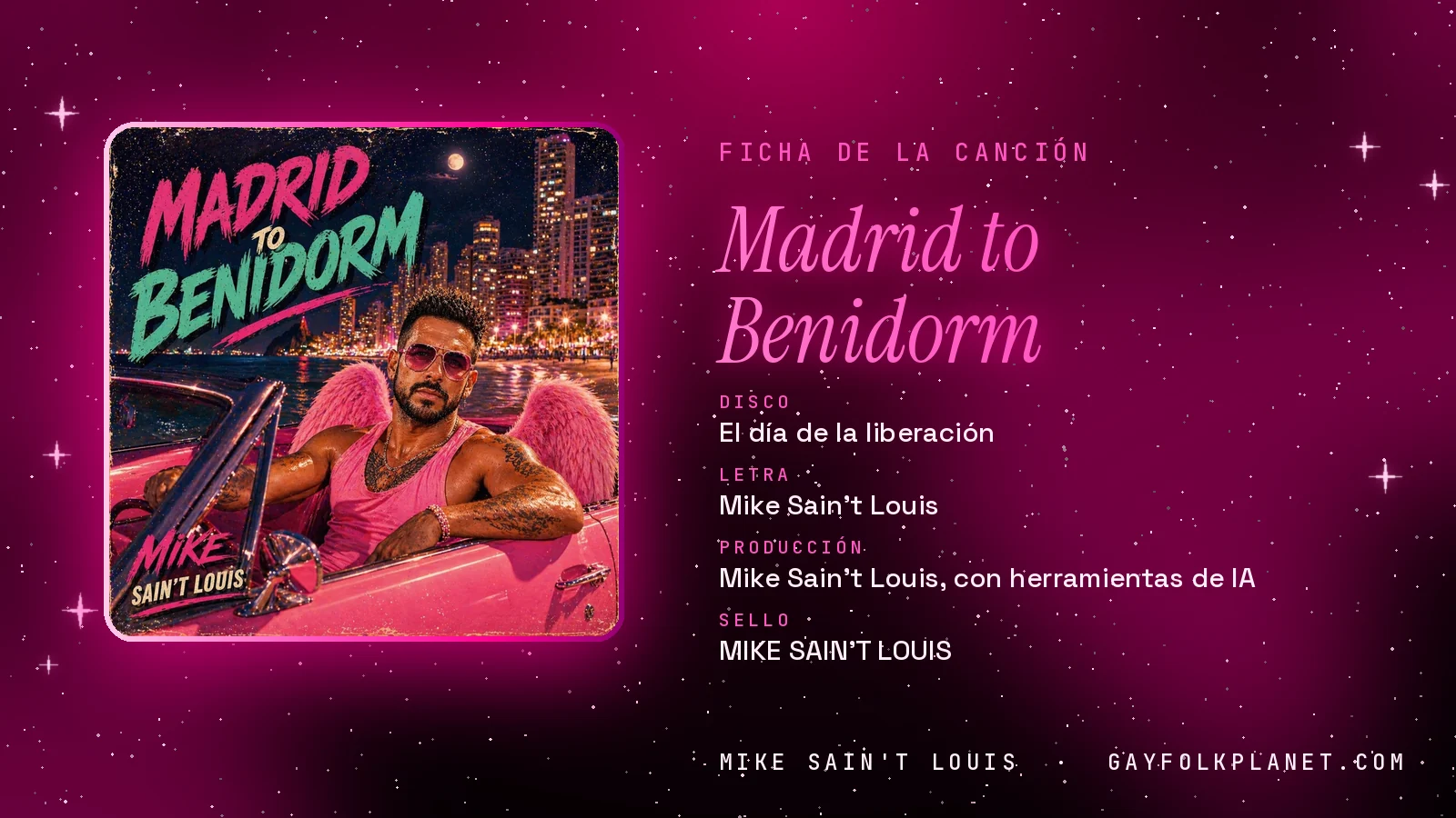 Ficha de la canción «Madrid to Benidorm» con su carátula: disco «El día de la liberación», letra y producción de Mike Sain't Louis