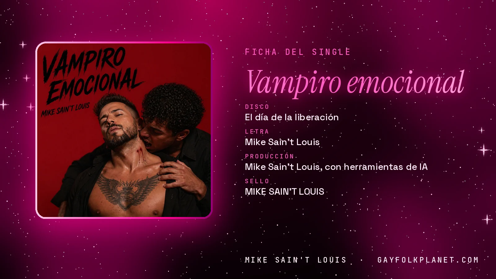 Ficha de la canción «Vampiro emocional» con su carátula: disco «El día de la liberación», letra y producción de Mike Sain't Louis