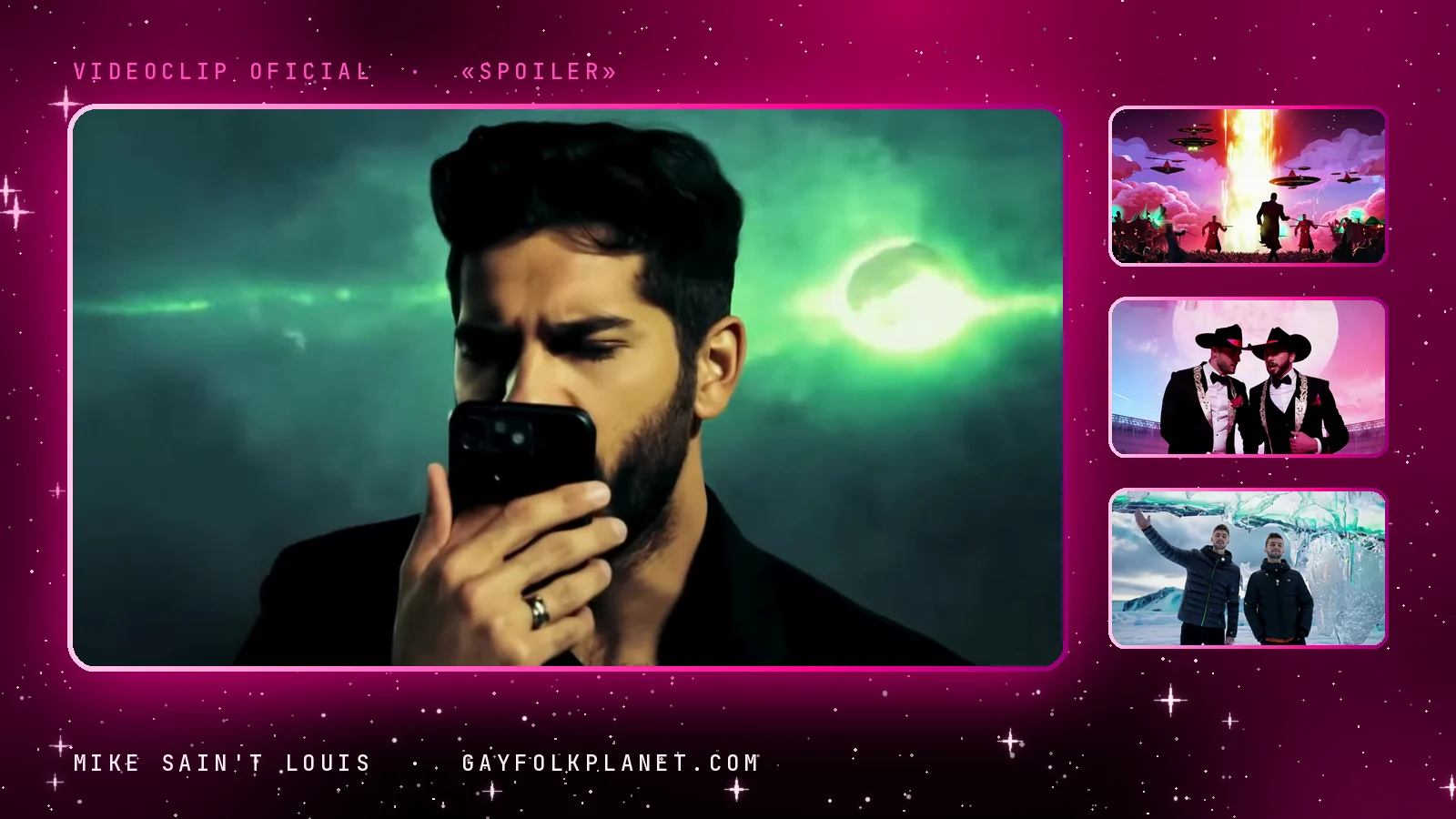Cuatro fotogramas del videoclip de «Spoiler»: un chico de traje que mira el móvil bajo un cielo verde, una columna de fuego entre platillos volantes, dos vaqueros de esmoquin ante una luna rosa y dos chicos con plumífero junto a una pared de hielo de colores