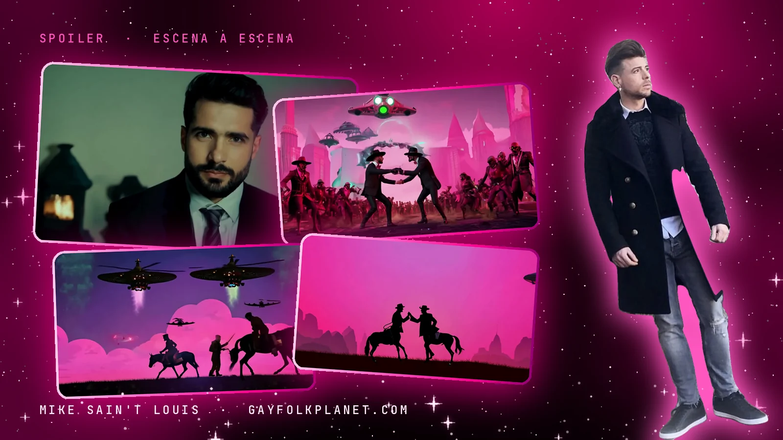 Collage con cuatro fotogramas de «Spoiler» (un chico de traje junto a una farolilla, dos vaqueros que se agarran de la mano entre una multitud, jinetes bajo platillos sobre nubes rosas y dos siluetas a caballo que se dan la mano) y una foto real de Mike con abrigo