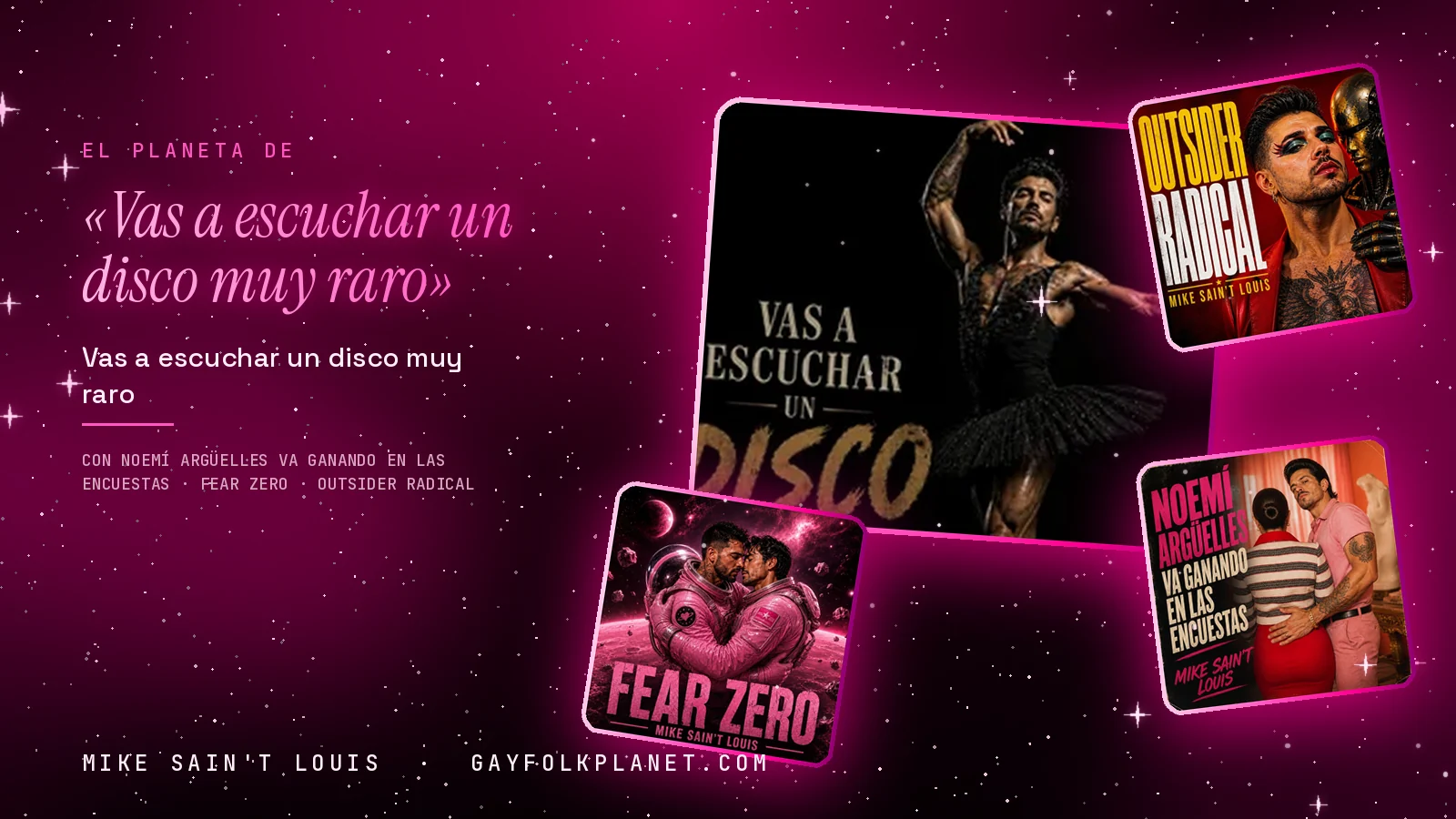Collage con un detalle de la carátula de «Vas a escuchar un disco muy raro» y las carátulas de «Noemí Argüelles va ganando en las encuestas», «Fear Zero», «Outsider radical»