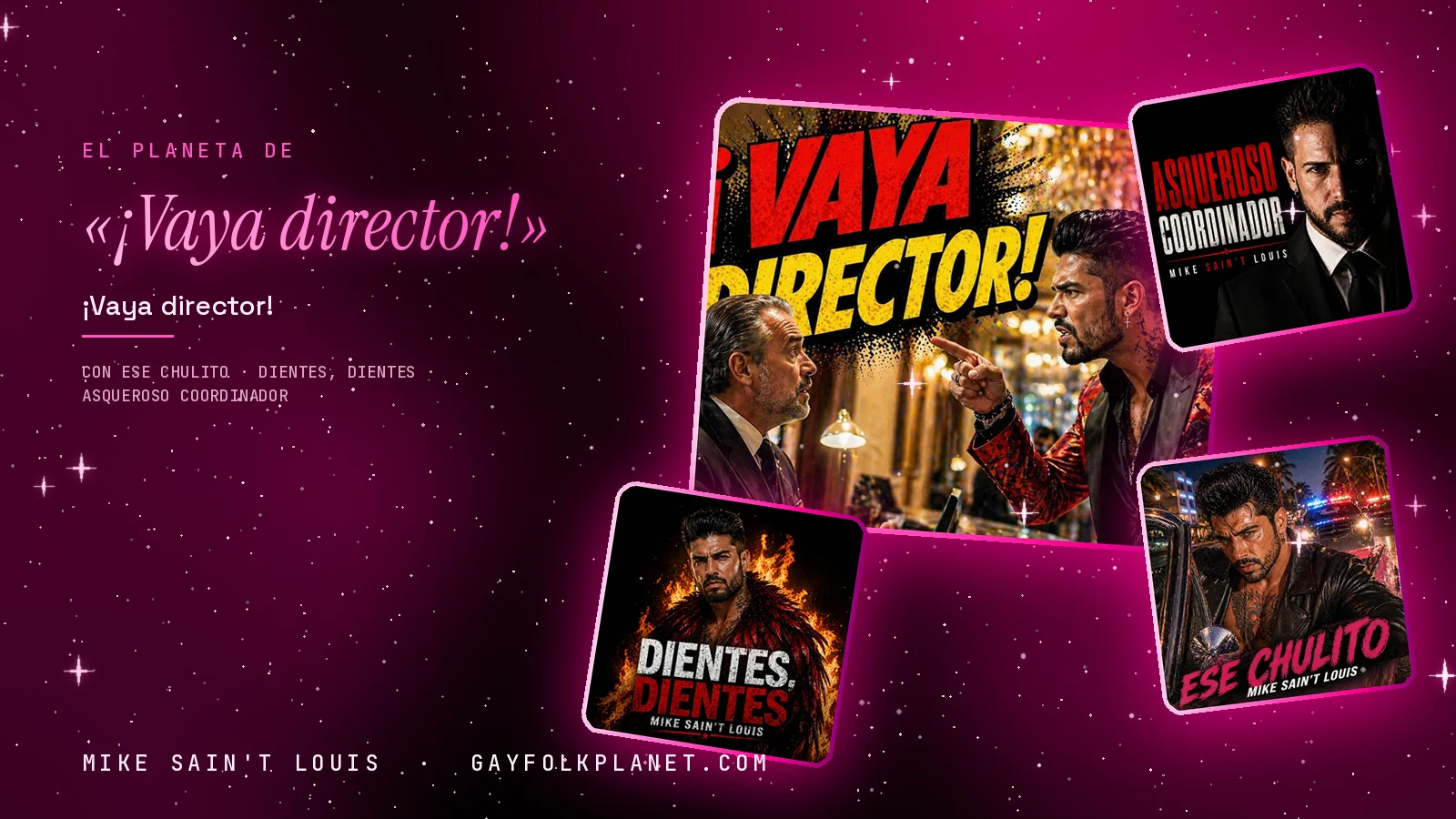 Collage con un detalle de la carátula de «¡Vaya director!» y las carátulas de «Ese chulito», «Dientes, dientes», «Asqueroso coordinador»