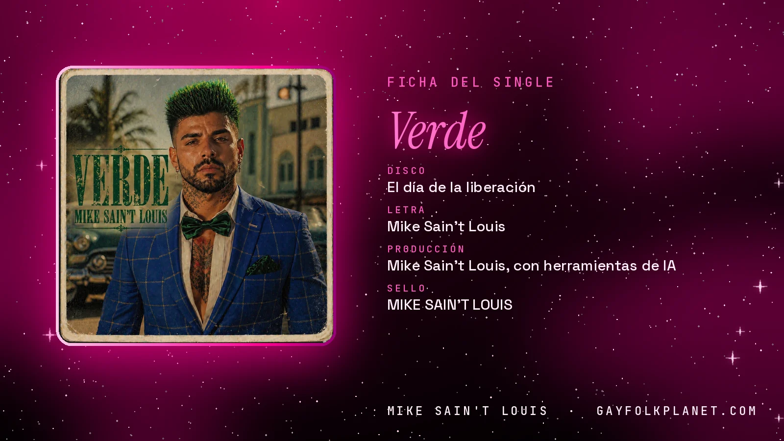 Ficha de la canción «Verde» con su carátula: disco «El día de la liberación», letra y producción de Mike Sain't Louis