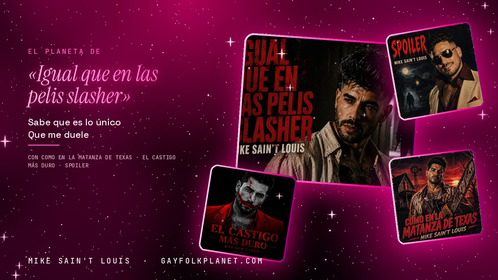 Collage con un detalle de la carátula de «Igual que en las pelis slasher» y las carátulas de «Como en la matanza de Texas», «El castigo más duro», «Spoiler»