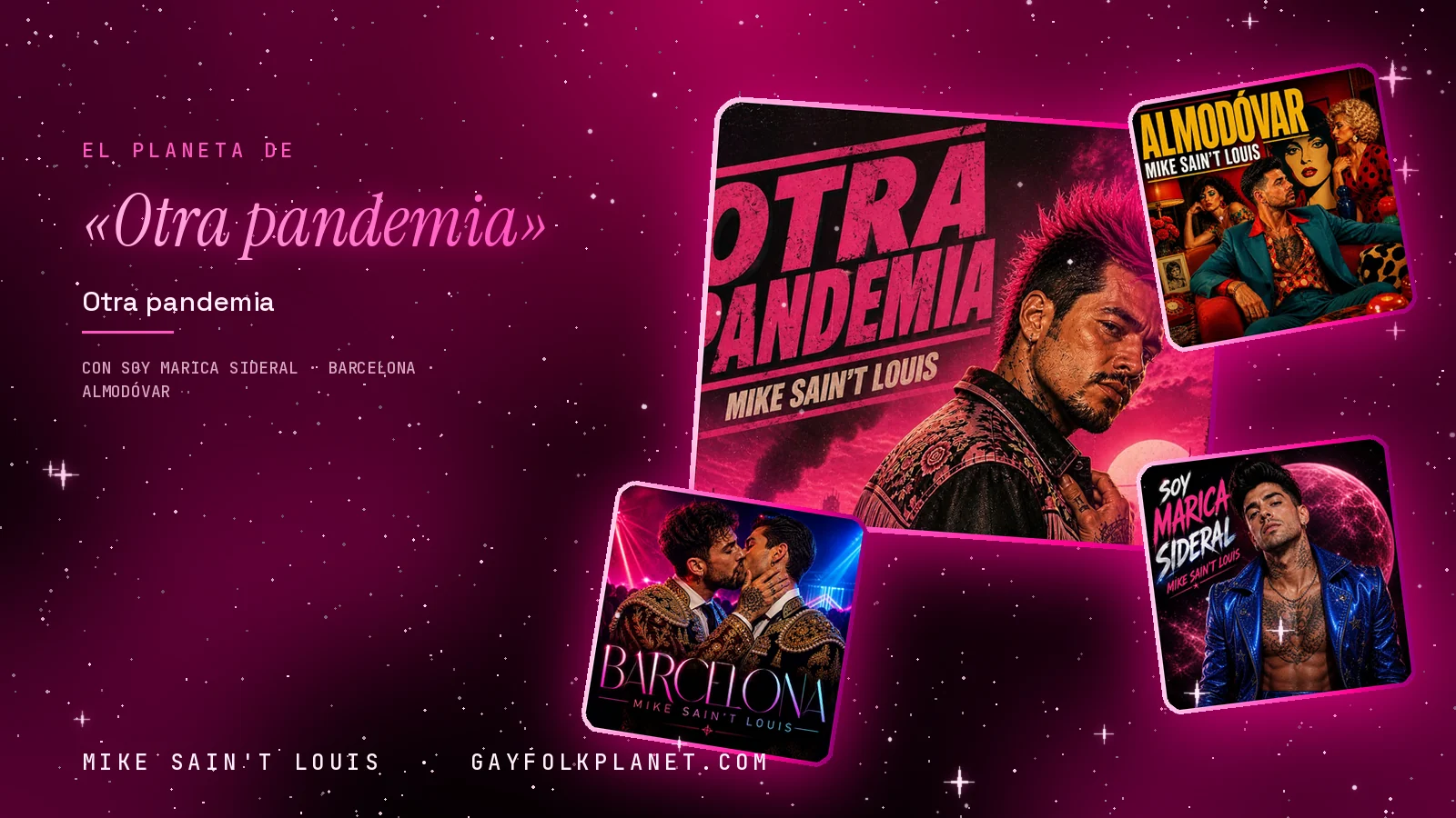 Collage con un detalle de la carátula de «Otra pandemia» y las carátulas de «Soy marica sideral», «Barcelona», «Almodóvar»