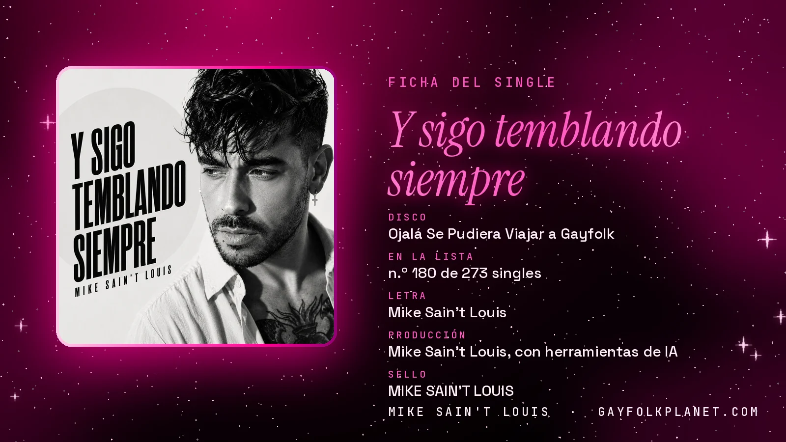 Ficha de la canción «Y sigo temblando siempre» con su carátula: disco «Ojalá Se Pudiera Viajar a Gayfolk», letra y producción de Mike Sain't Louis