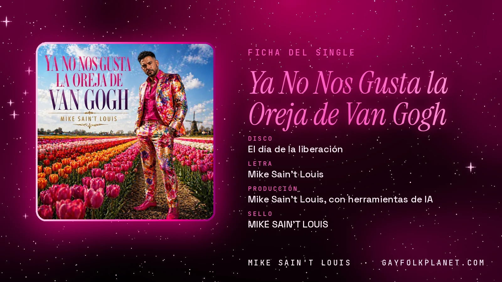 Ficha de la canción «Ya No Nos Gusta la Oreja de Van Gogh» con su carátula: disco «El día de la liberación», letra y producción de Mike Sain't Louis
